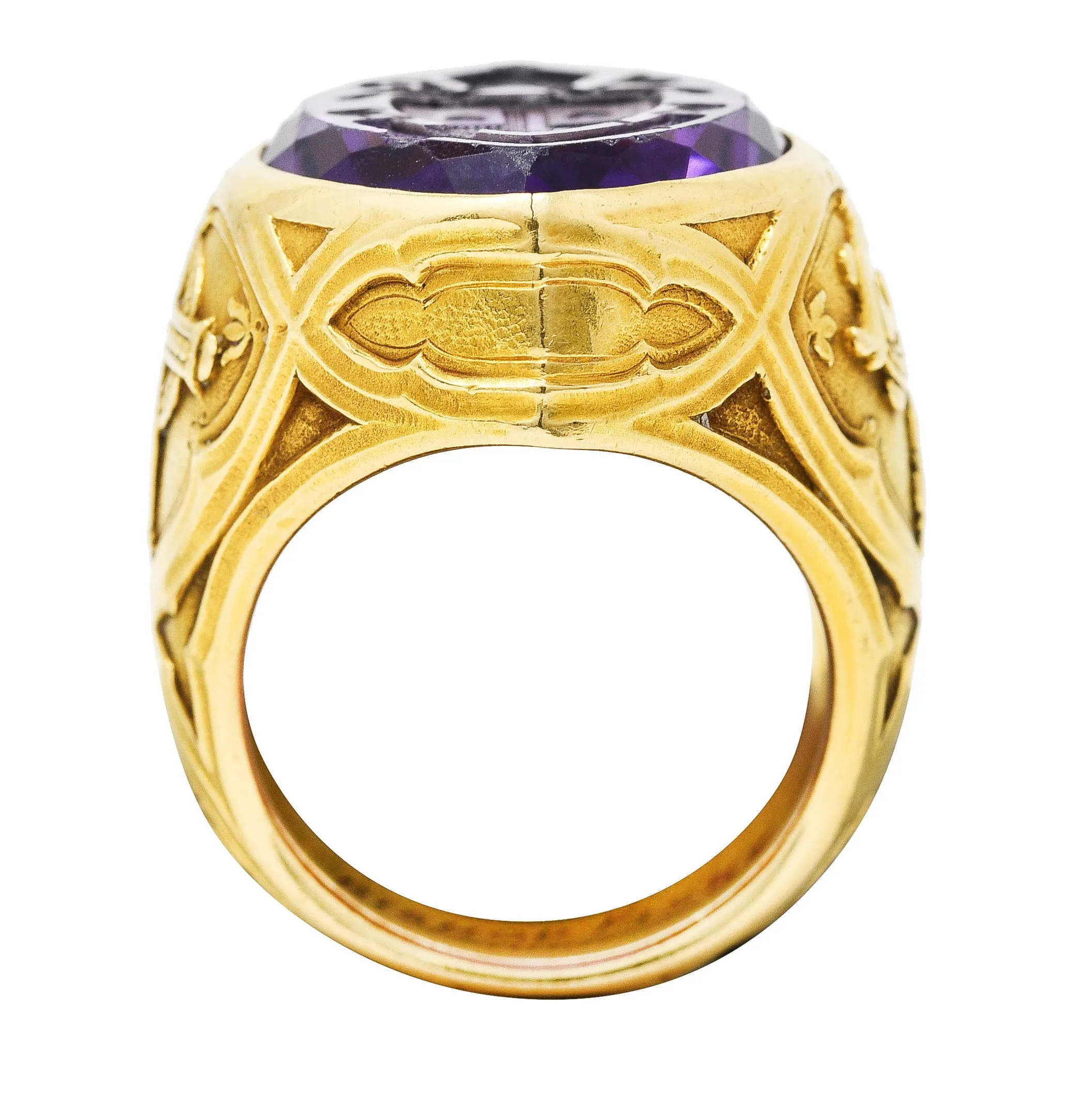 1915 Amethyst 18 Karat Yellow Gold Intaglio Ecclesiastical Bishop's Antique Navette Unisex Ring