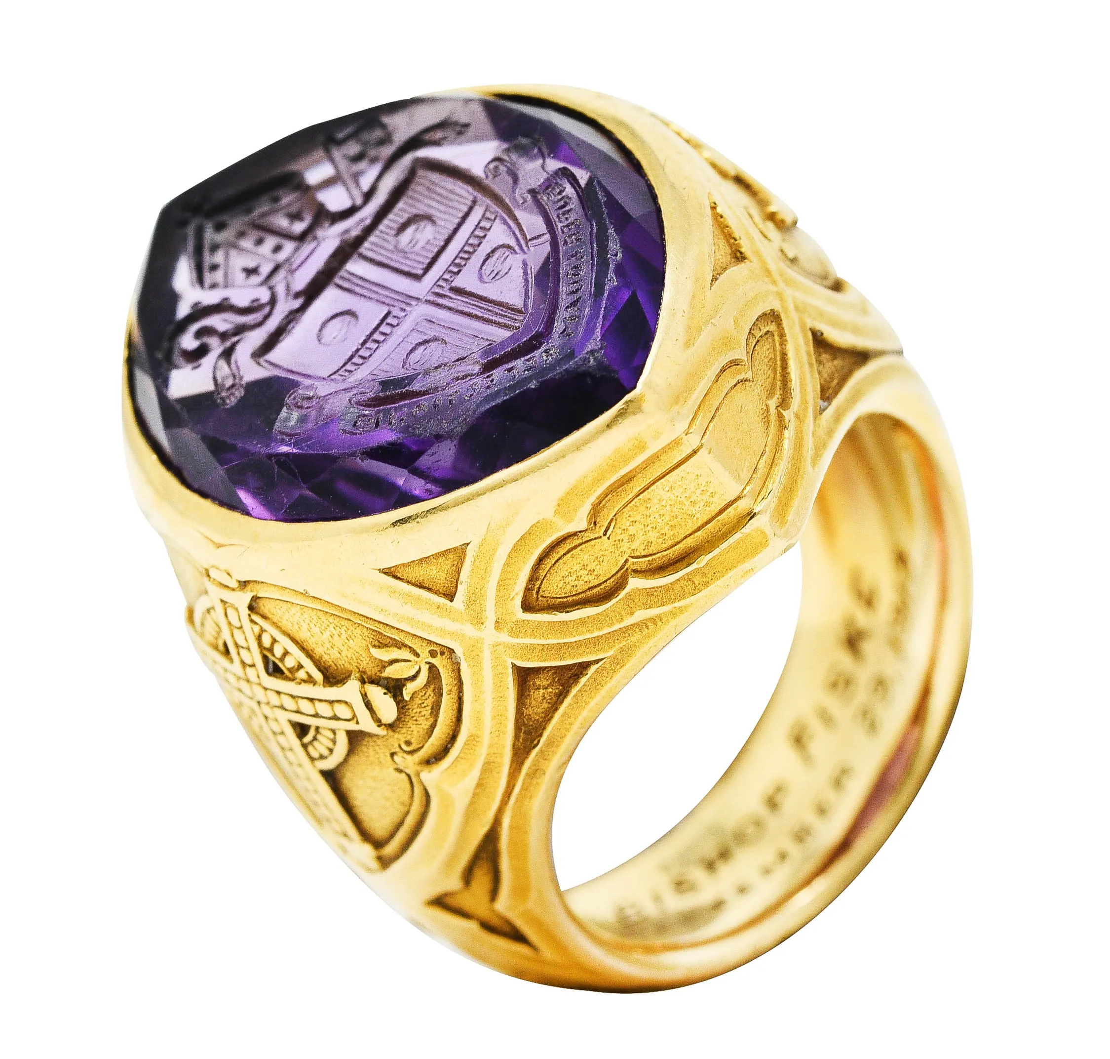 1915 Amethyst 18 Karat Yellow Gold Intaglio Ecclesiastical Bishop's Antique Navette Unisex Ring