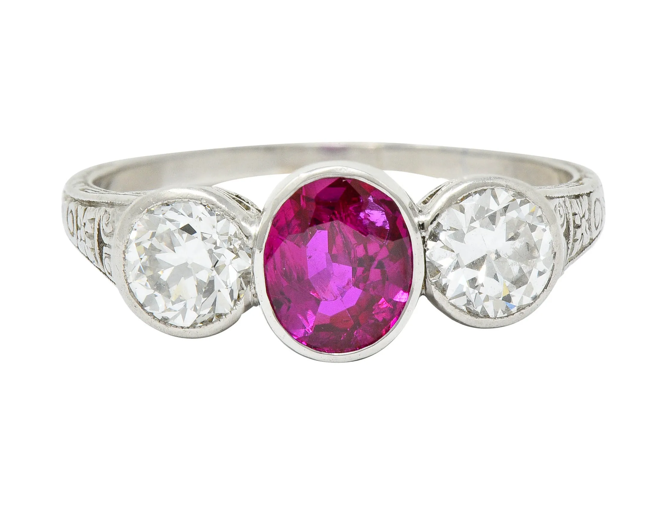 1920's Art Deco 2.03 CTW No Heart Burma Ruby Diamond Platinum Three Stone Ring GIA