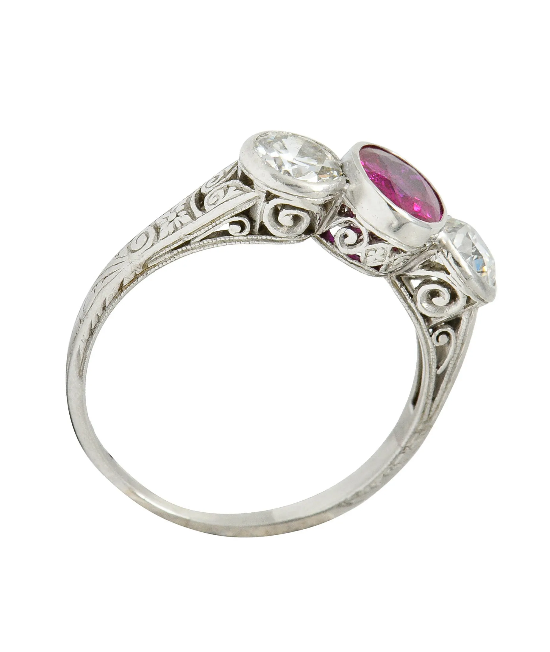 1920's Art Deco 2.03 CTW No Heart Burma Ruby Diamond Platinum Three Stone Ring GIA