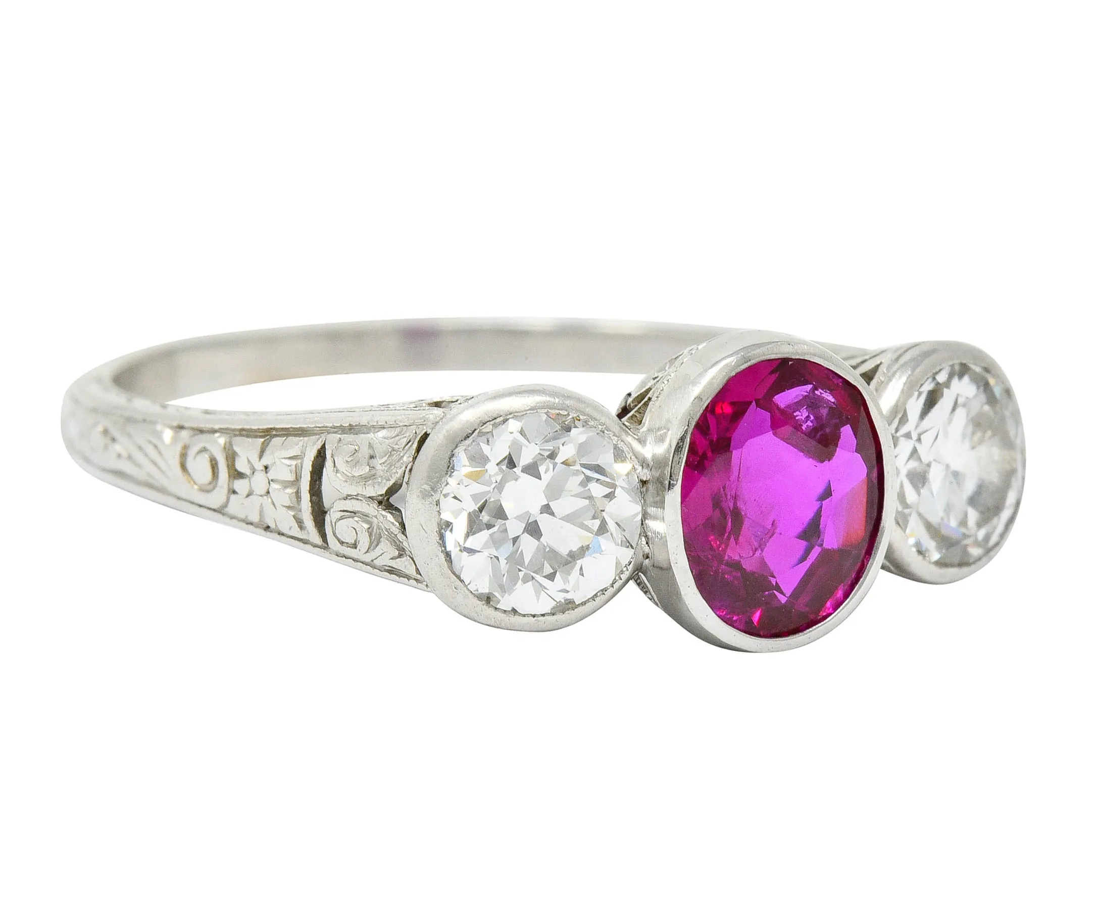 1920's Art Deco 2.03 CTW No Heart Burma Ruby Diamond Platinum Three Stone Ring GIA