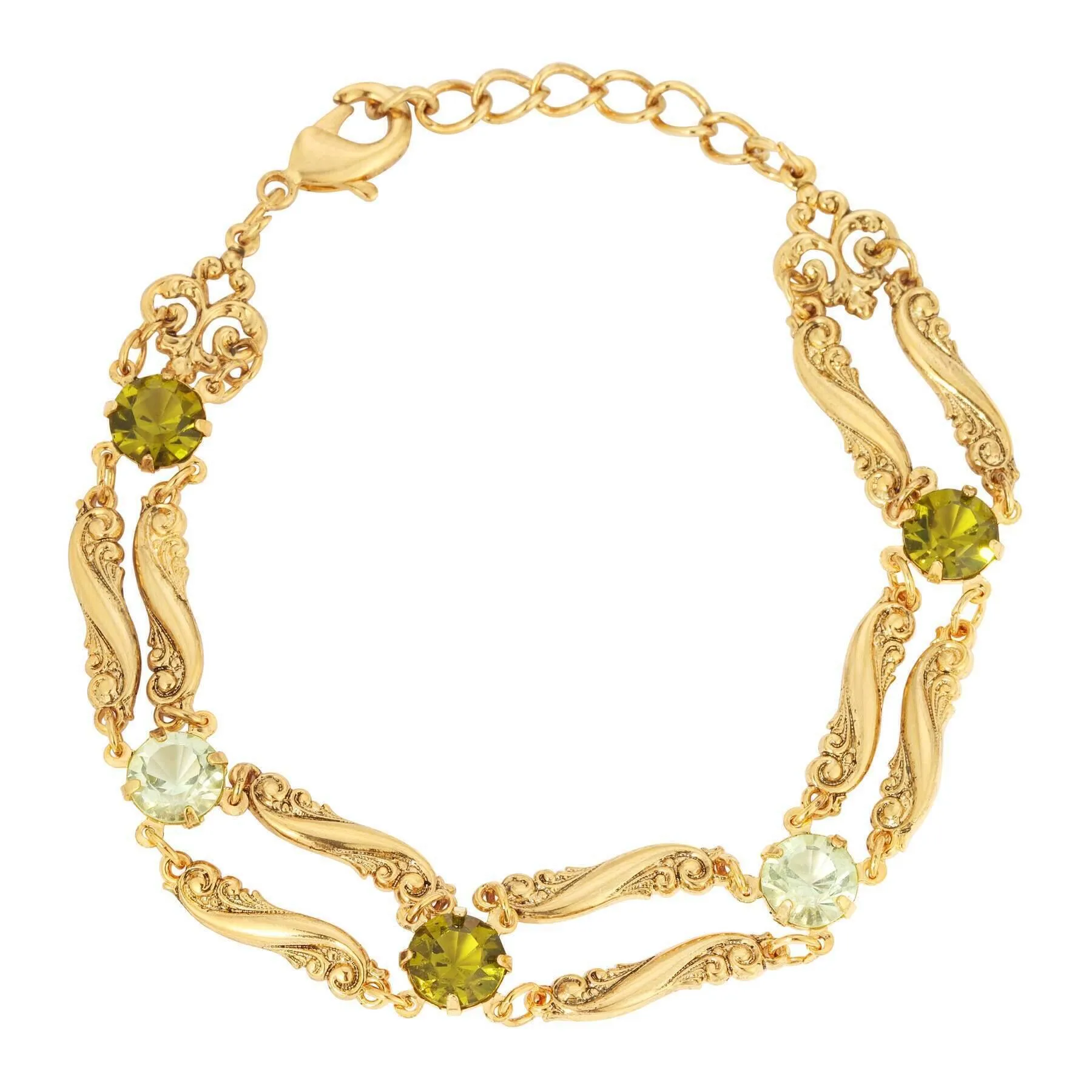 1928 Jewelry Deco Olivine & Chrysolite Austrian Crystal Link Bracelet