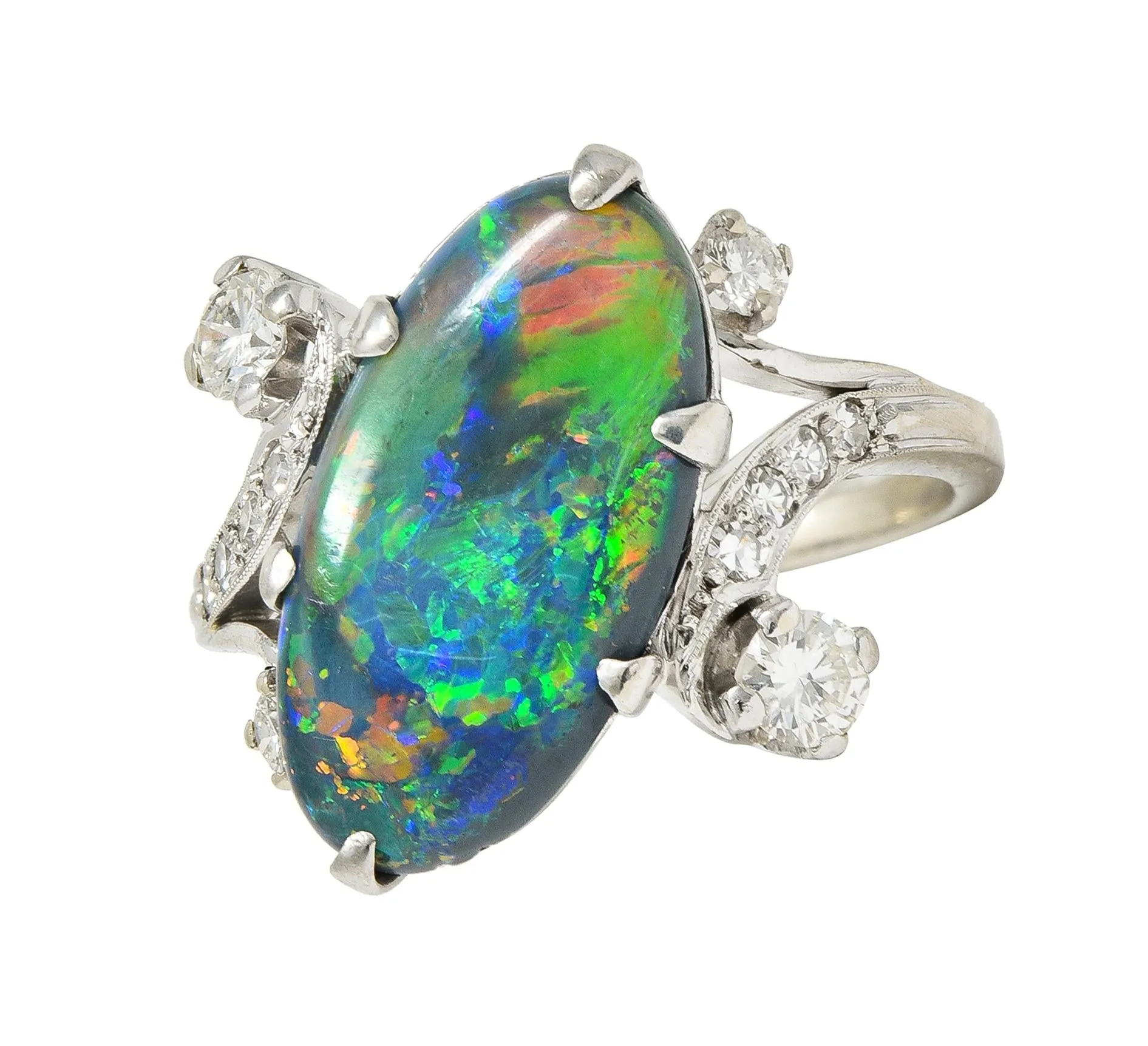 1950's Black Opal Diamond 14 Karat White Gold Scrolling Navette Bypass Ring