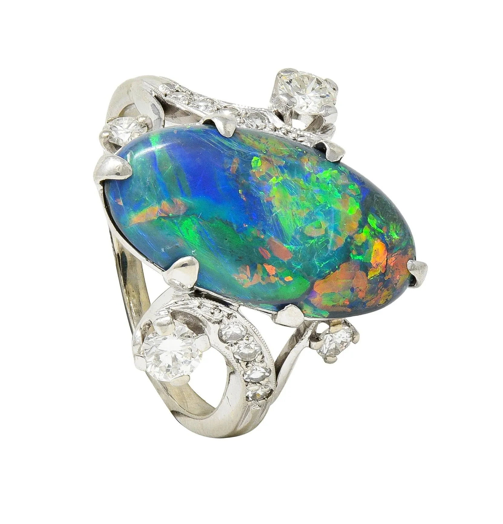 1950's Black Opal Diamond 14 Karat White Gold Scrolling Navette Bypass Ring