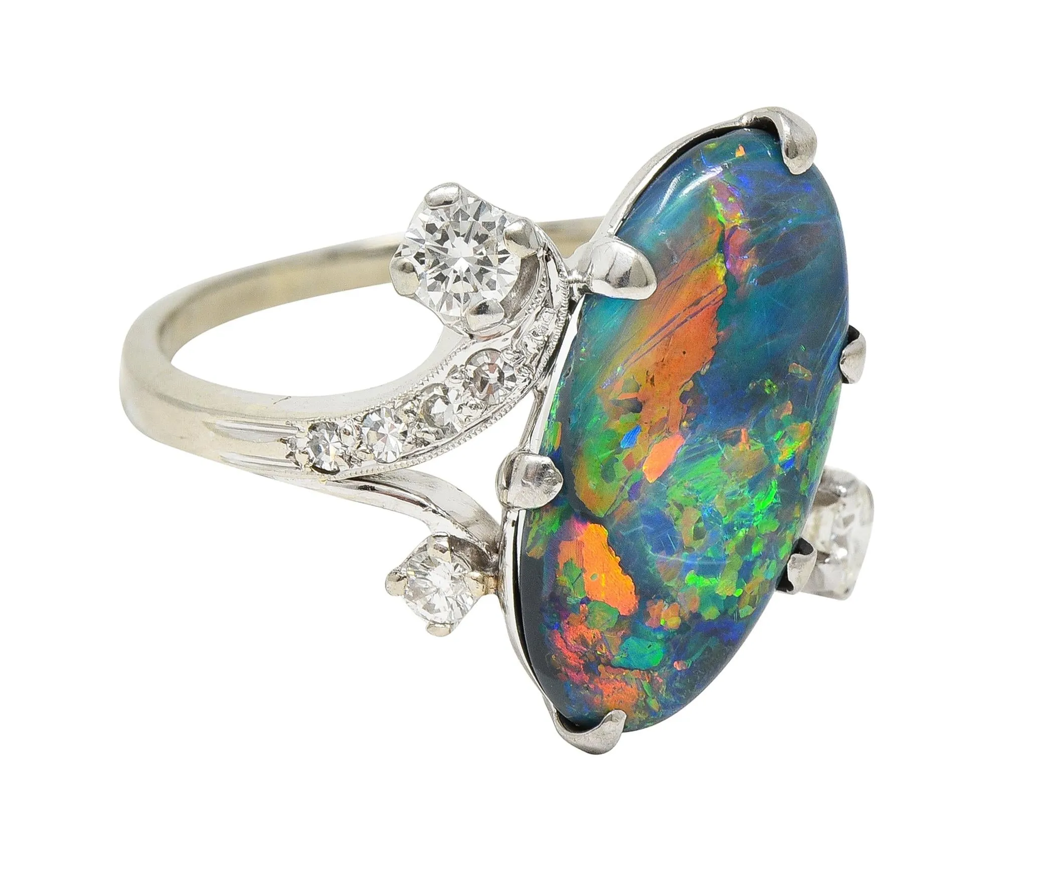 1950's Black Opal Diamond 14 Karat White Gold Scrolling Navette Bypass Ring