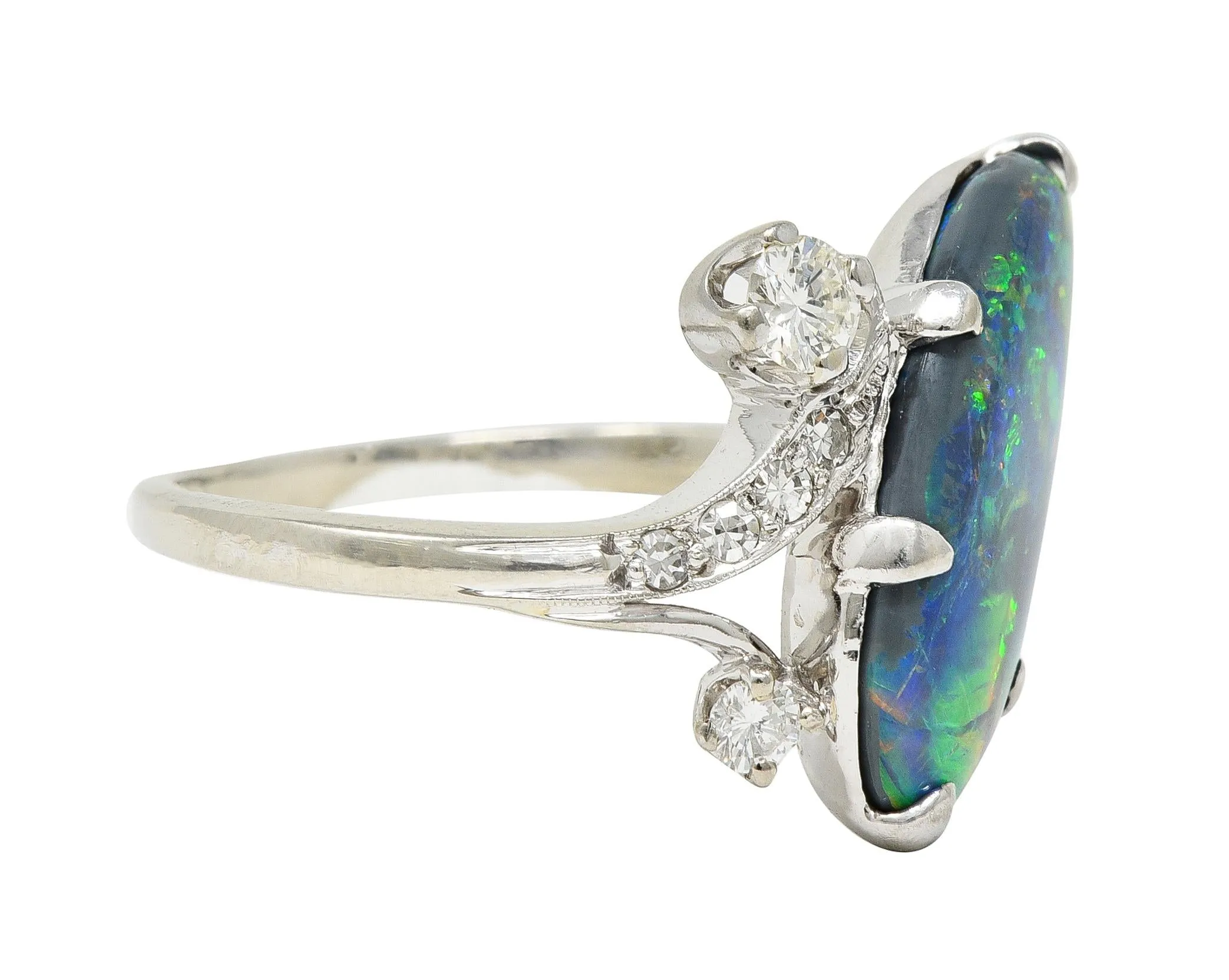 1950's Black Opal Diamond 14 Karat White Gold Scrolling Navette Bypass Ring