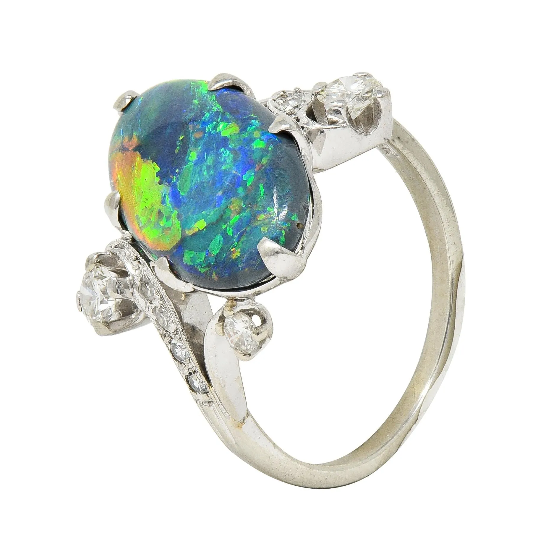 1950's Black Opal Diamond 14 Karat White Gold Scrolling Navette Bypass Ring