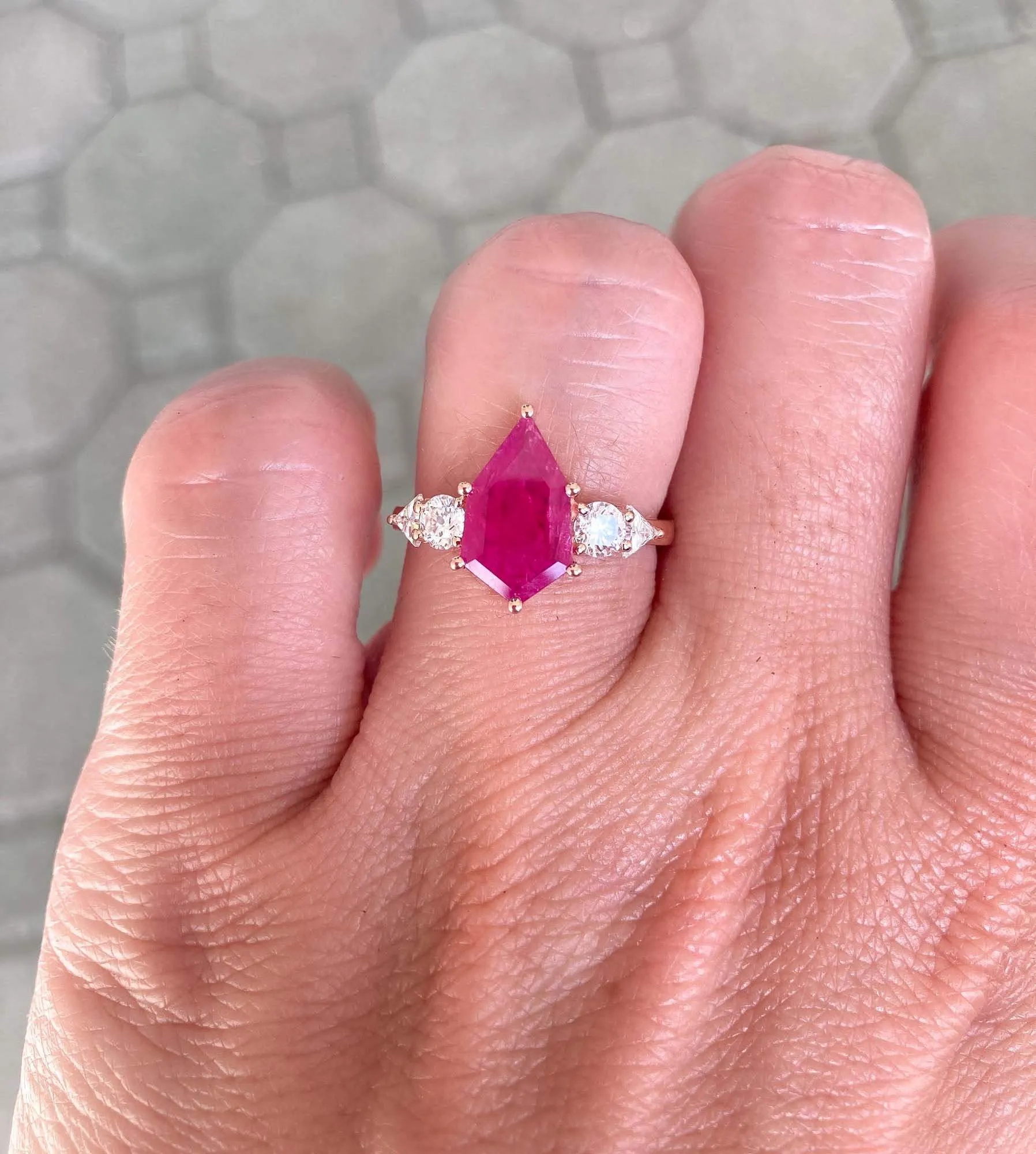 2.03ct Hexagon Ruby Engagement Ring 14K Rose Gold Moissanite Sides OOAK Unique Alternative AD2329