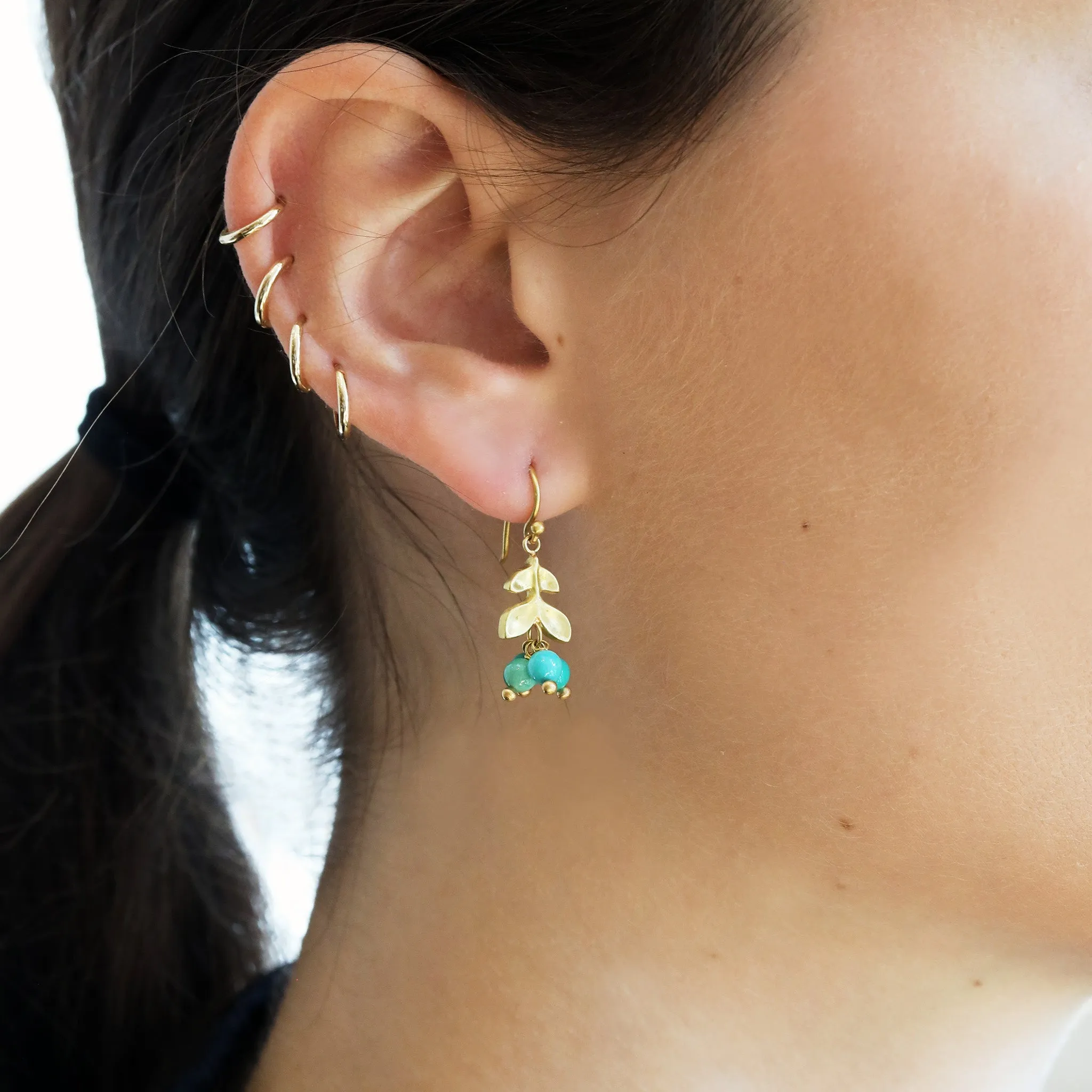 20K Gold Double Laurel Earrings with Dangling Turquoise Beads