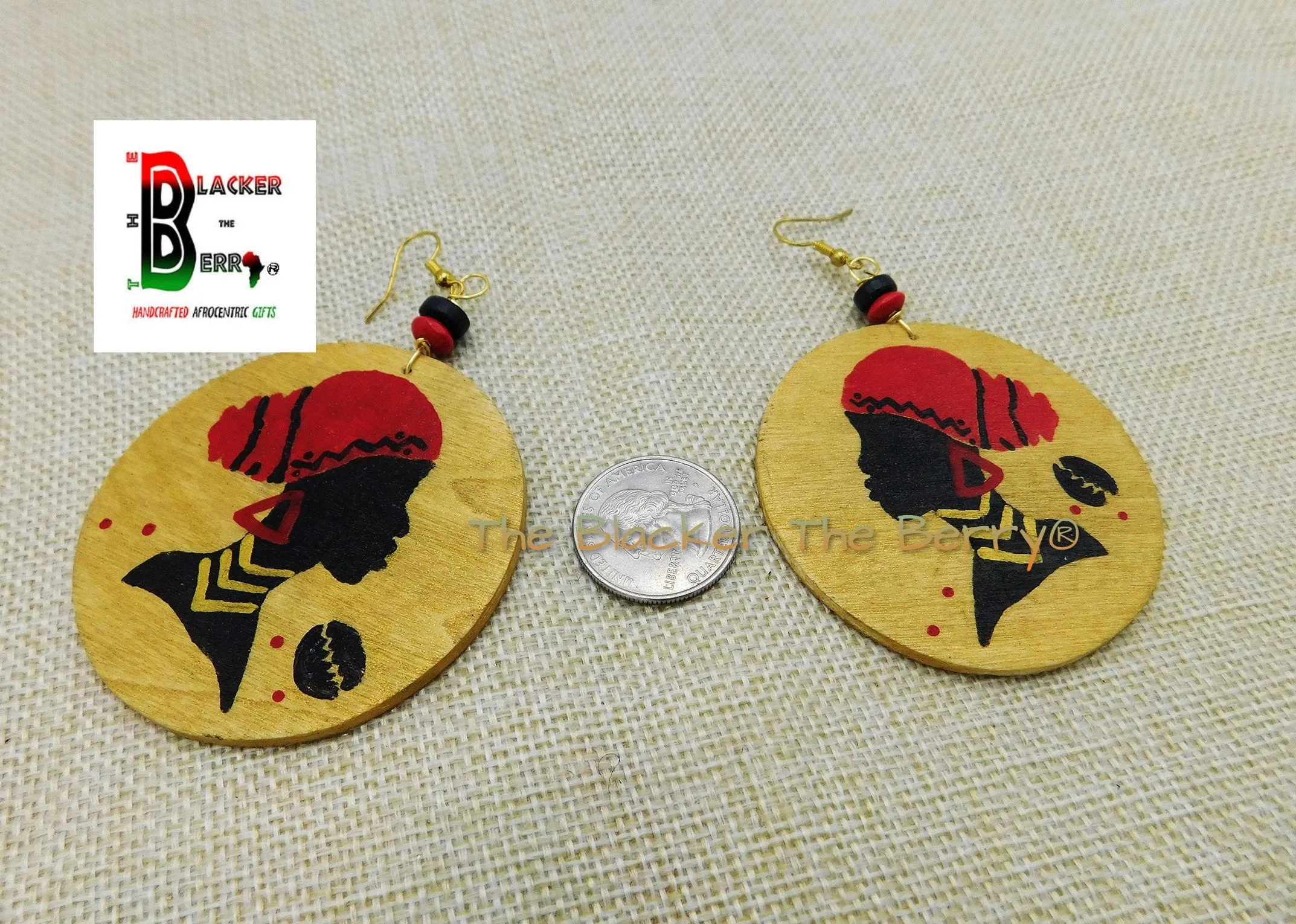 African Women Earrings Hand Painted Jewelry Red Black Gold Handmade Wooden Jewelry