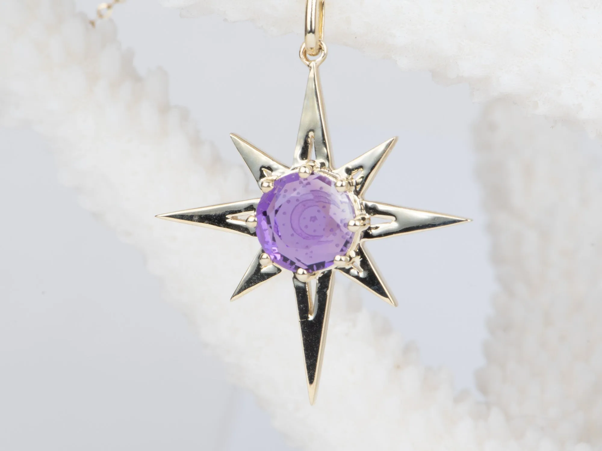 Amethyst and Citrine Intaglio Moon and Stars 8-Point North Star Pendant 9K Gold R4466