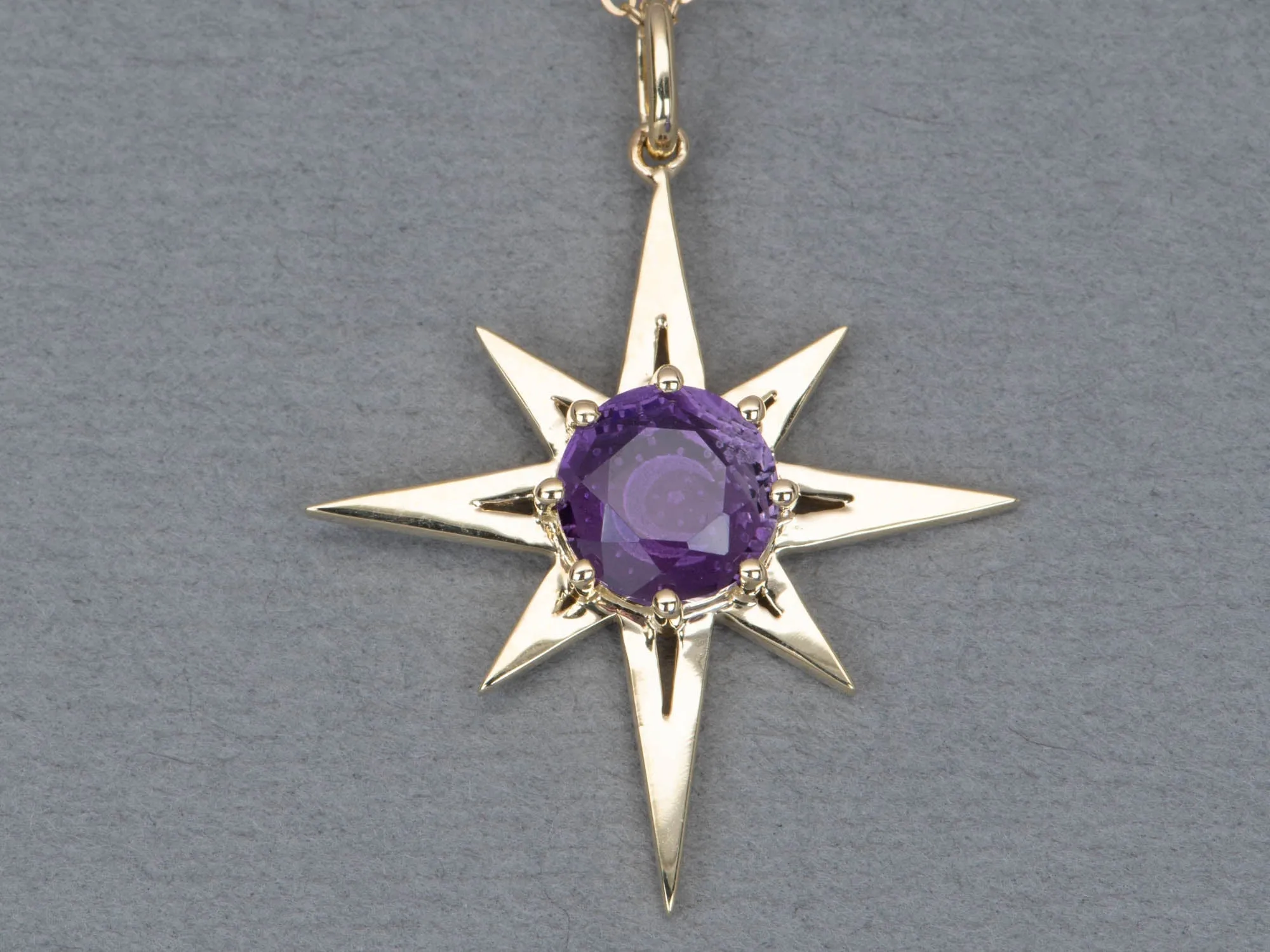 Amethyst and Citrine Intaglio Moon and Stars 8-Point North Star Pendant 9K Gold R4466