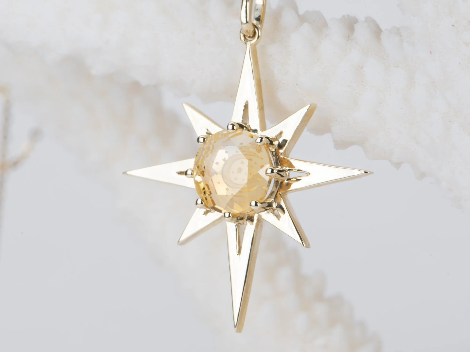 Amethyst and Citrine Intaglio Moon and Stars 8-Point North Star Pendant 9K Gold R4466