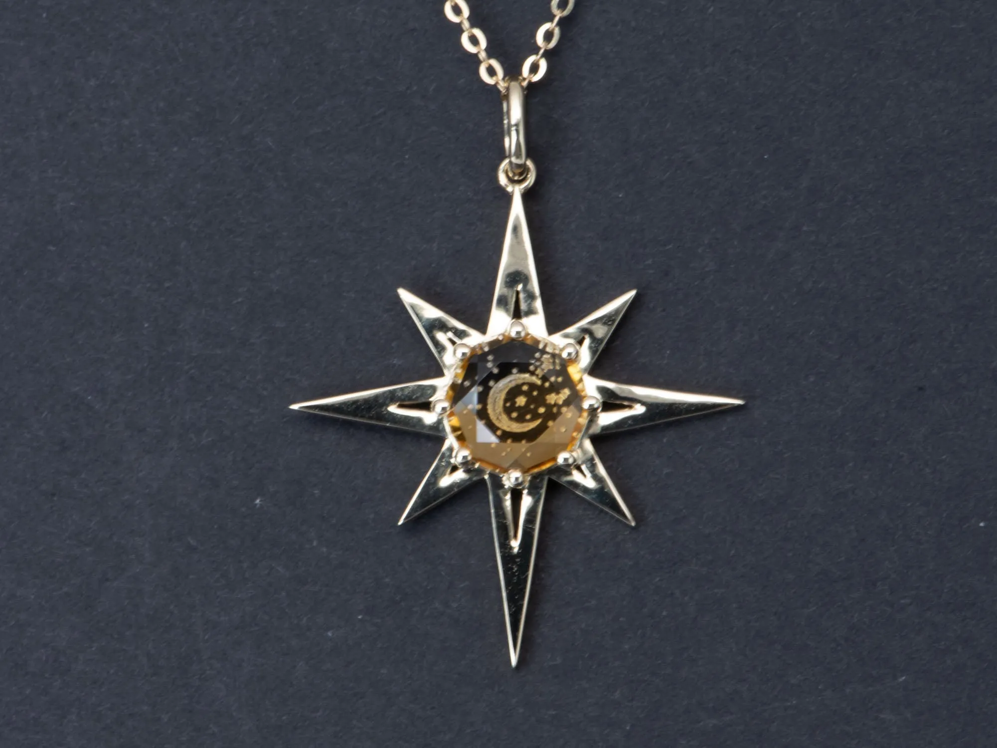 Amethyst and Citrine Intaglio Moon and Stars 8-Point North Star Pendant 9K Gold R4466