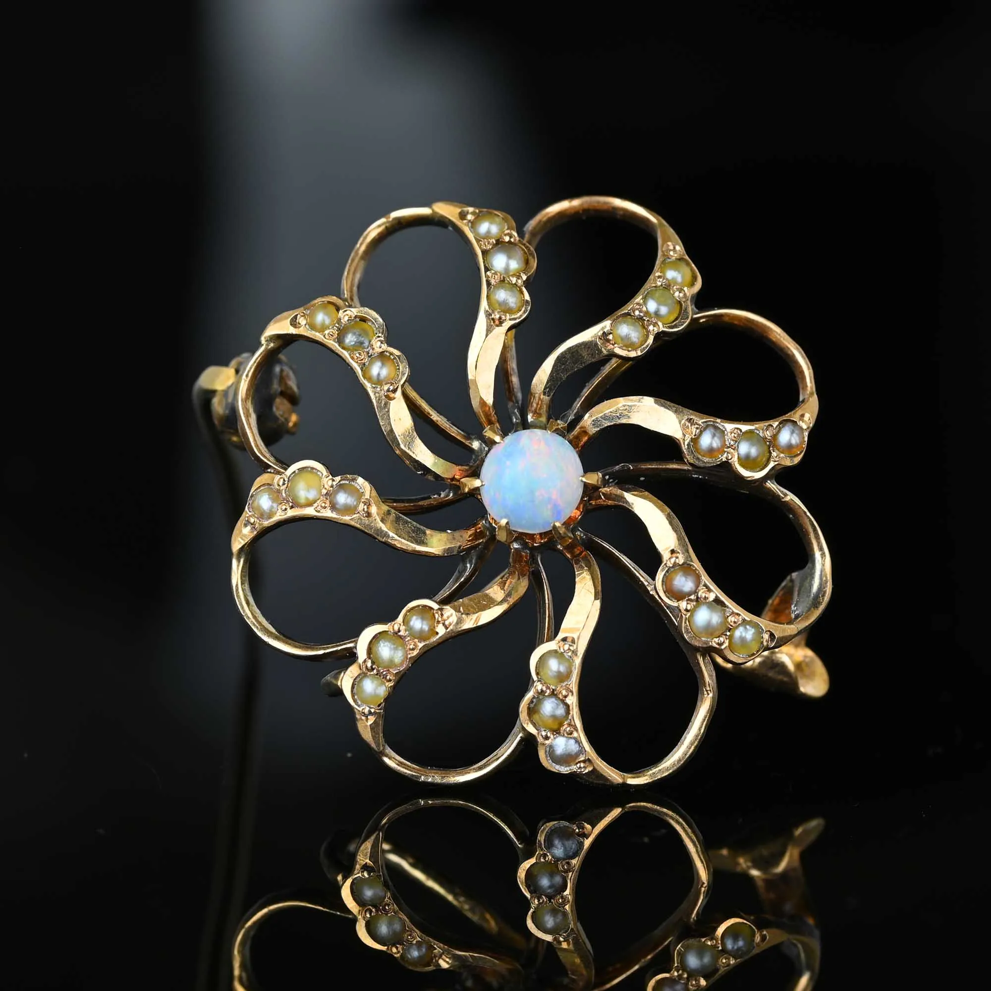 Antique Gold Seed Pearl Floral Opal Brooch in 10K Gold