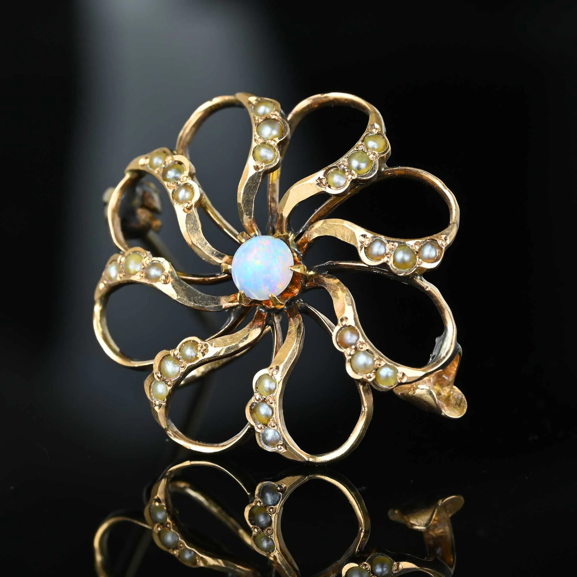 Antique Gold Seed Pearl Floral Opal Brooch in 10K Gold