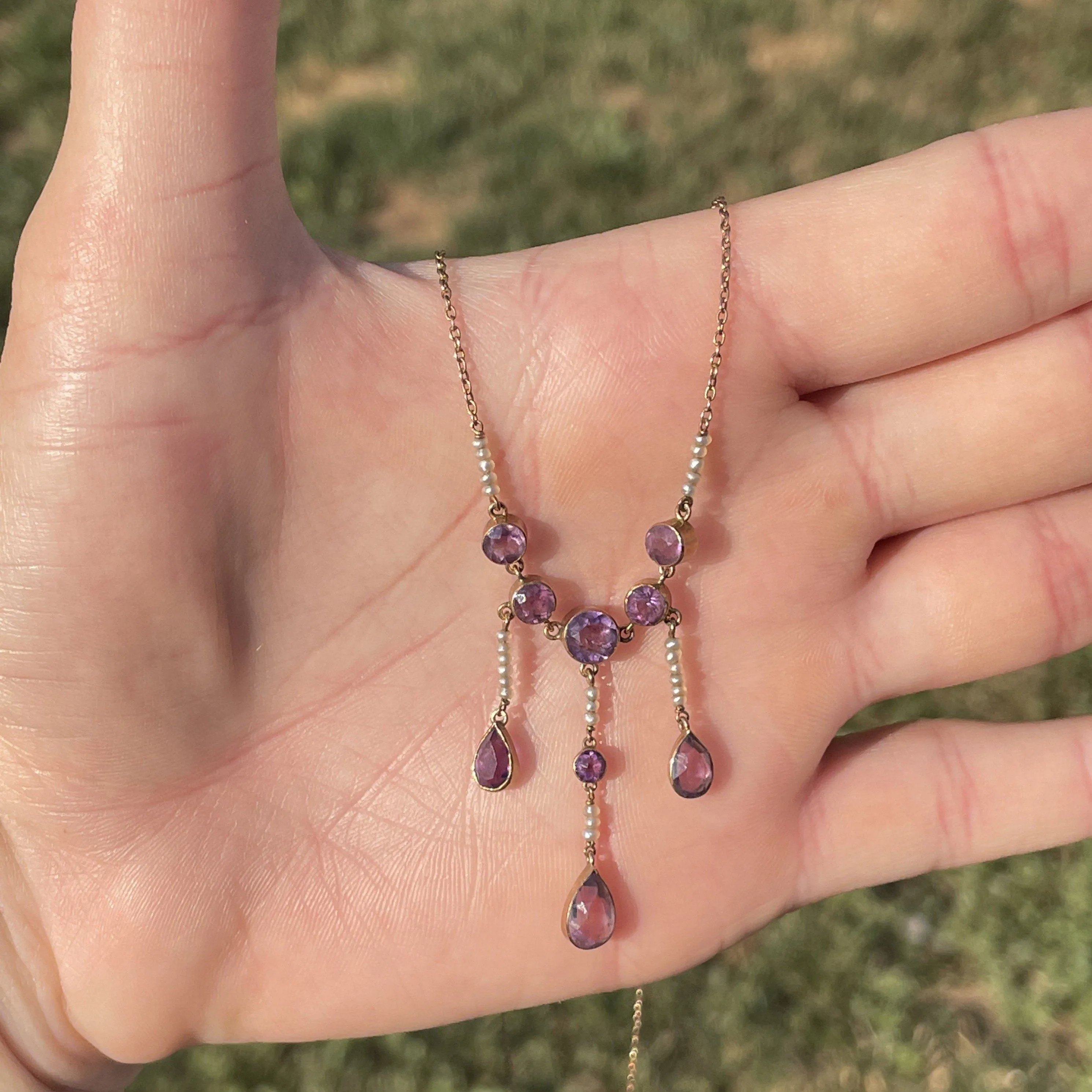 Antique Gold Teardrop Amethyst Pearl Necklace