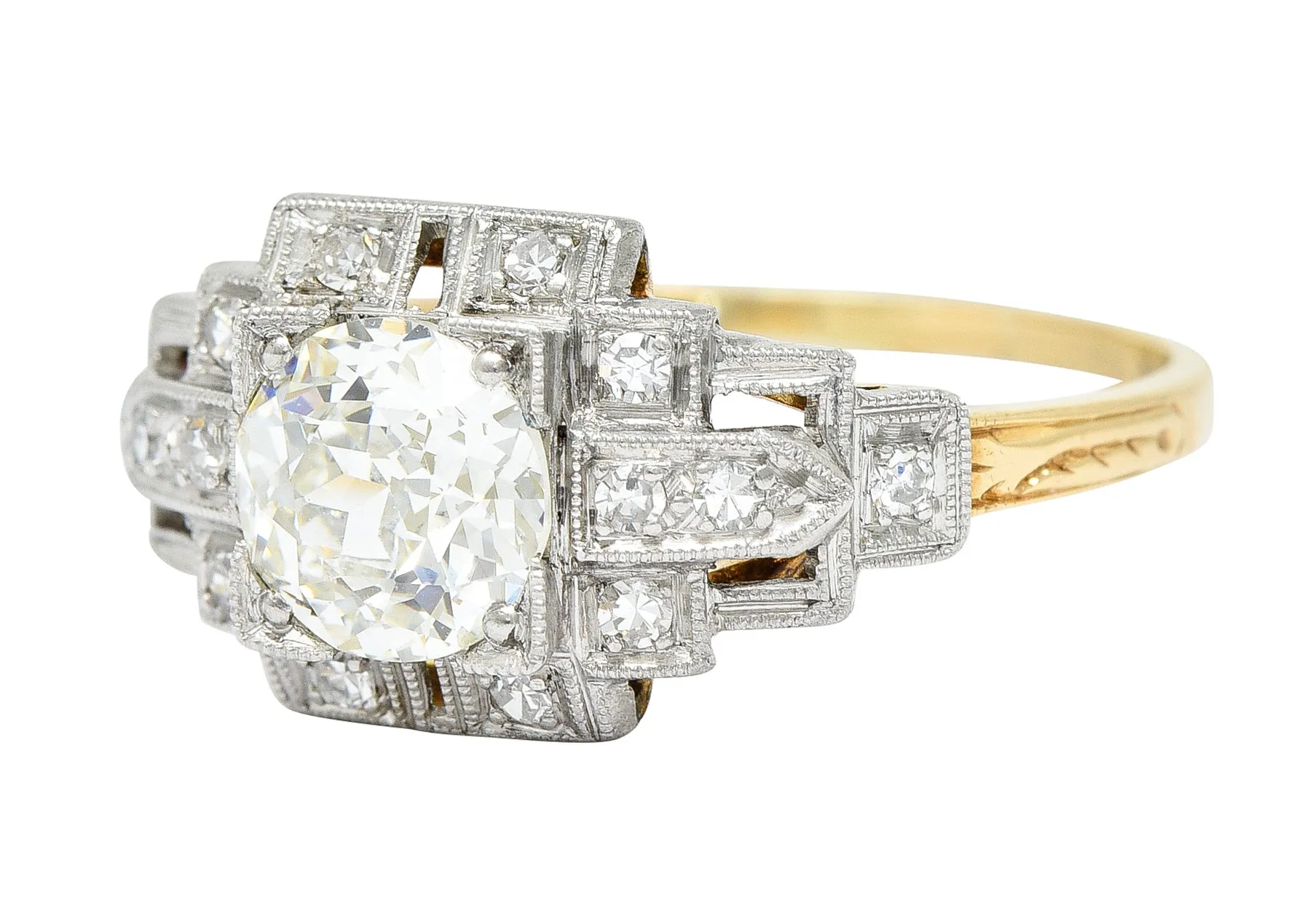 Art Deco 1.24 CTW Diamond Platinum 14 Karat Yellow Gold Engagement Ring