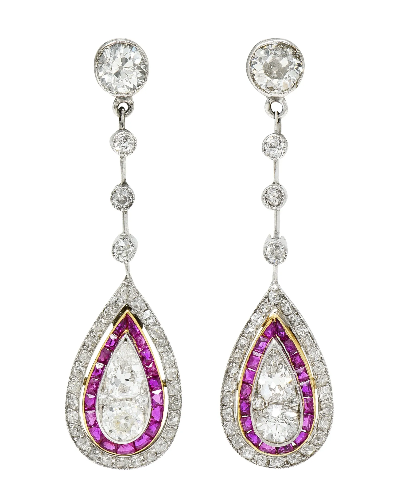 Art Deco 5.50 CTW Diamond Ruby Platinum Yellow Gold Pear Drop Earrings