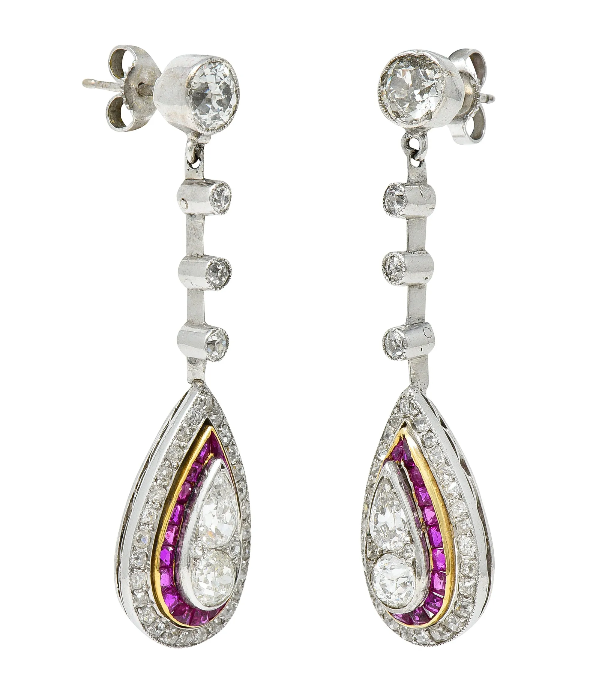 Art Deco 5.50 CTW Diamond Ruby Platinum Yellow Gold Pear Drop Earrings