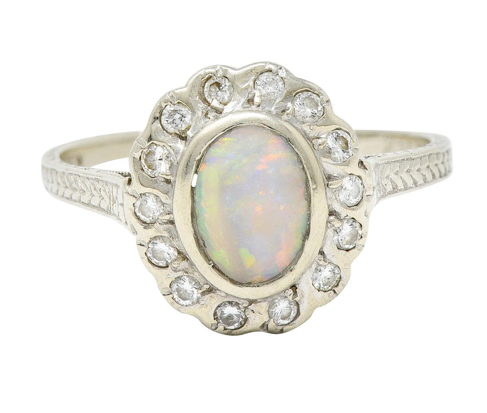 Art Deco Dreicer & Co. Opal Diamond 14 Karat White Gold Cluster Ring