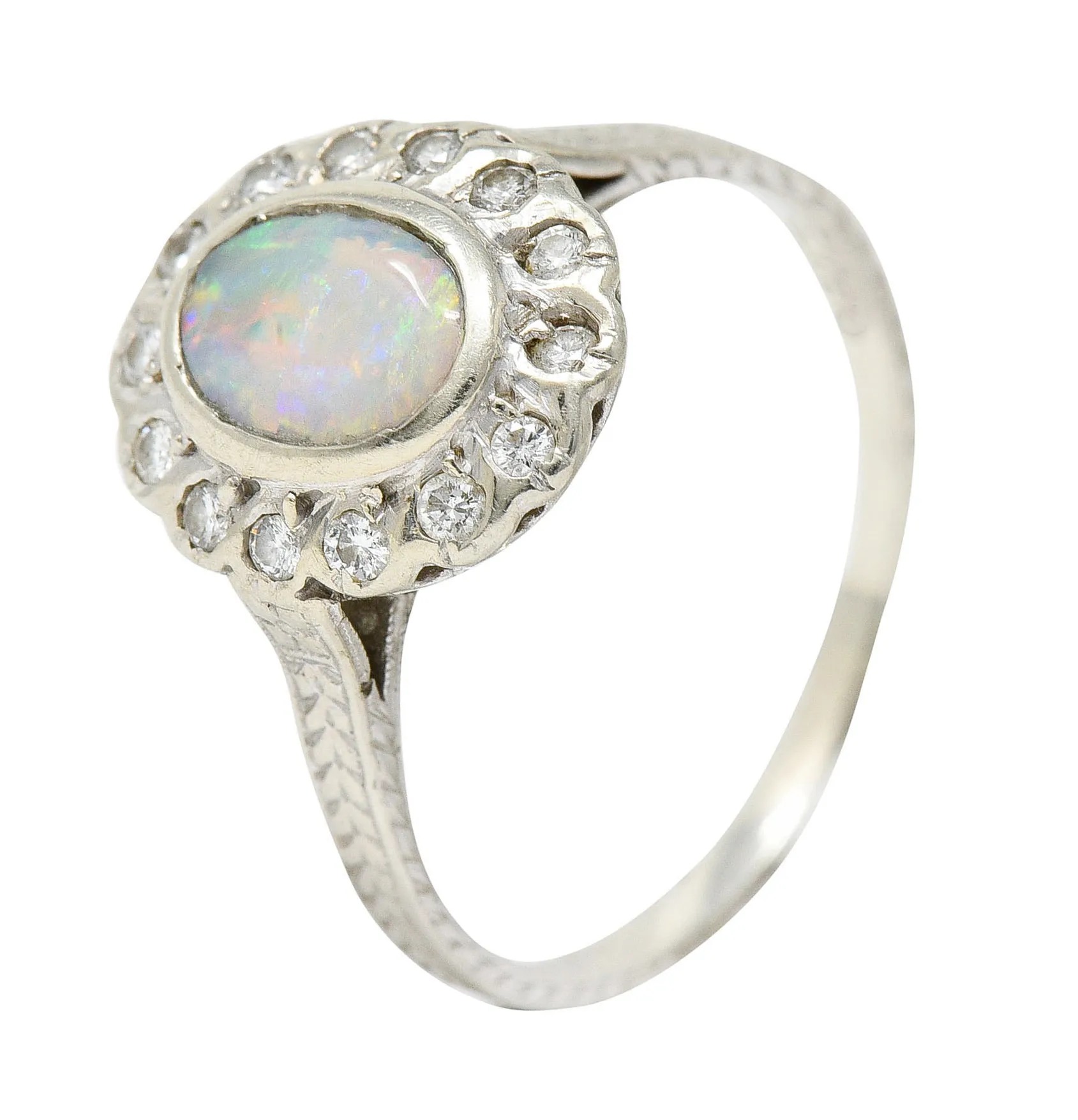 Art Deco Dreicer & Co. Opal Diamond 14 Karat White Gold Cluster Ring