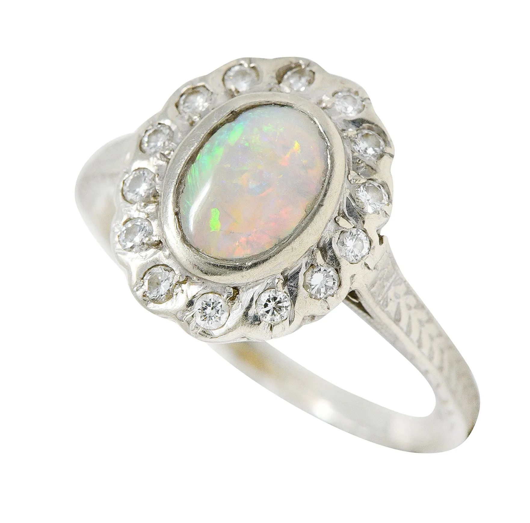 Art Deco Dreicer & Co. Opal Diamond 14 Karat White Gold Cluster Ring