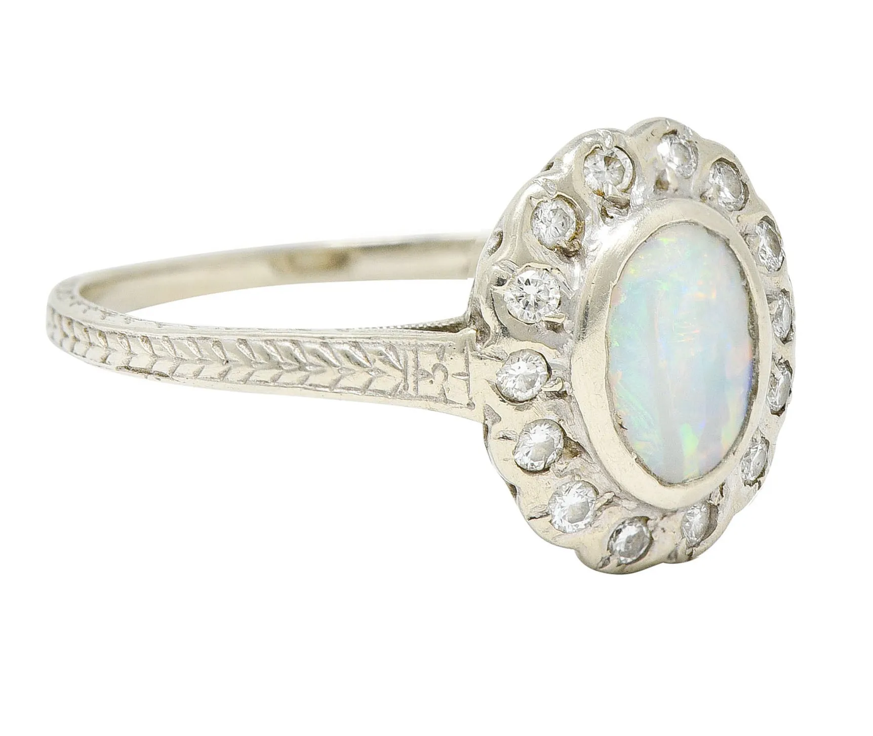 Art Deco Dreicer & Co. Opal Diamond 14 Karat White Gold Cluster Ring