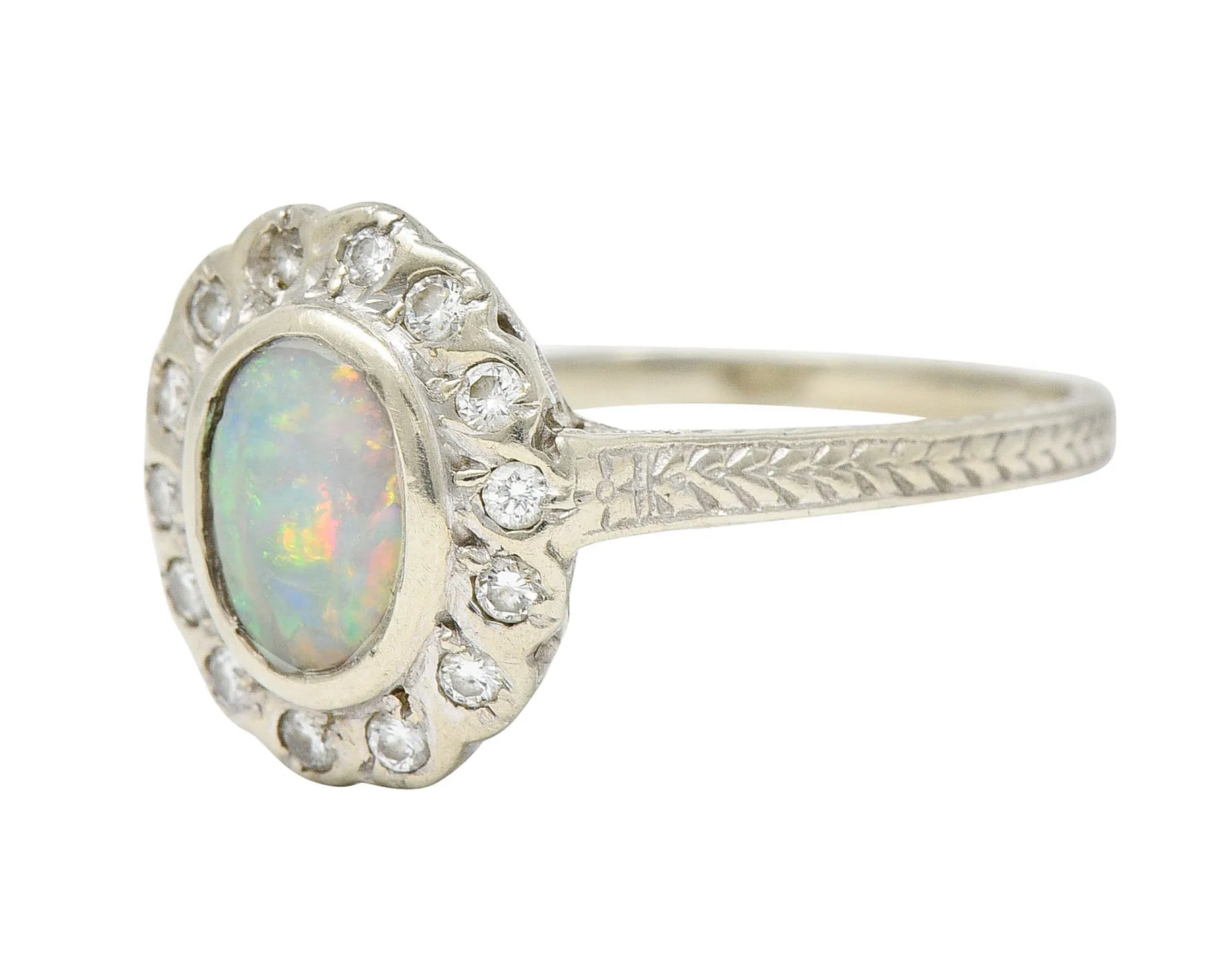 Art Deco Dreicer & Co. Opal Diamond 14 Karat White Gold Cluster Ring