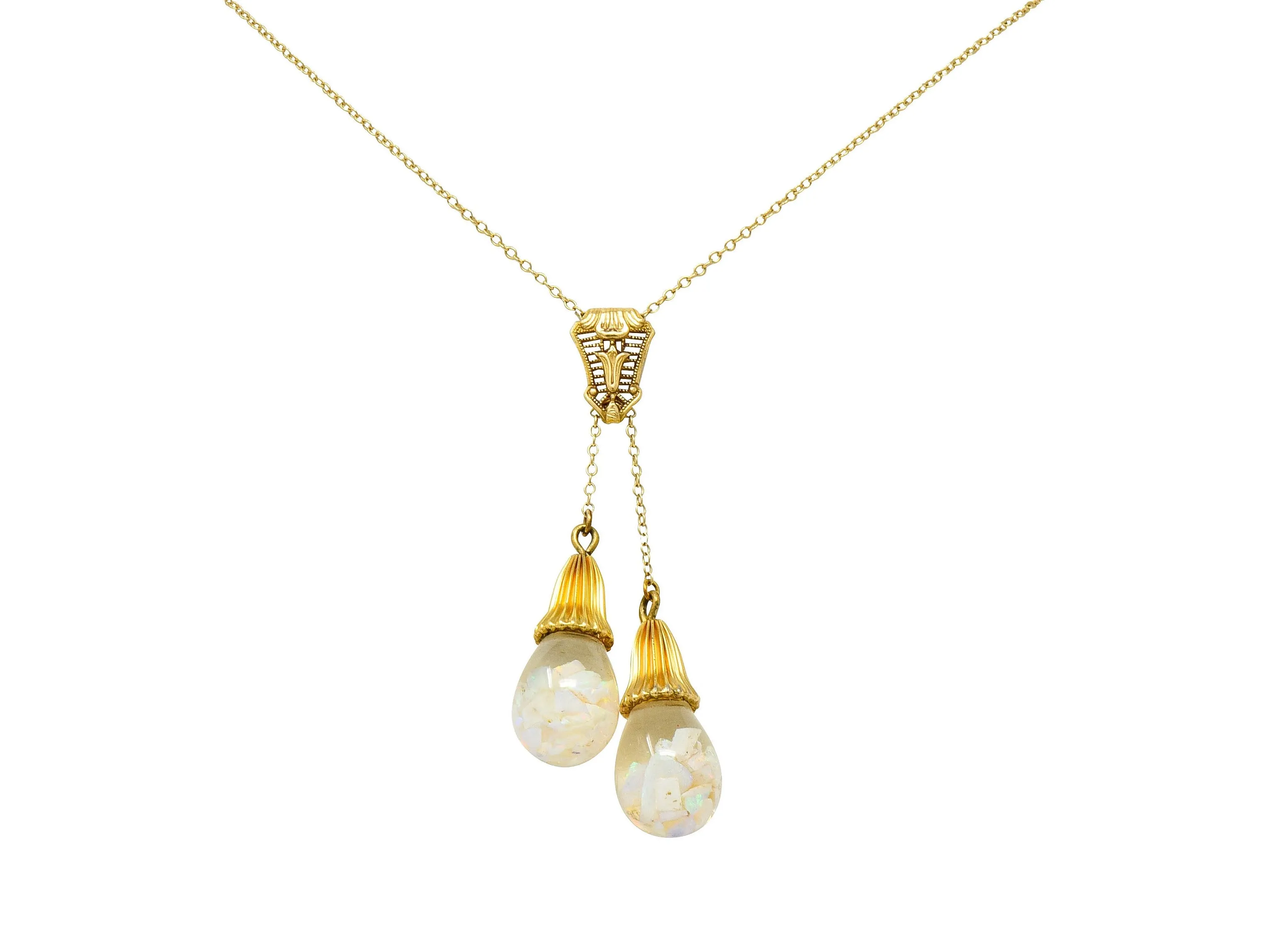 Art Deco Floating Opal 14 Karat Gold Double Drop Necklace