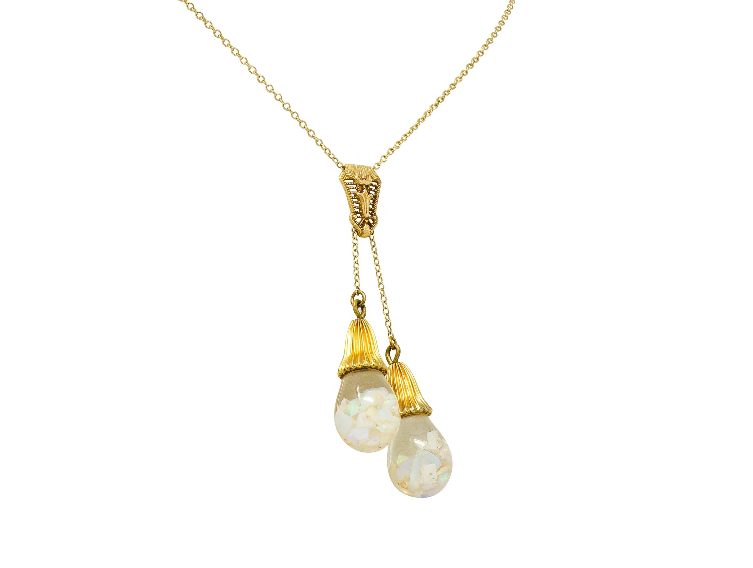 Art Deco Floating Opal 14 Karat Gold Double Drop Necklace