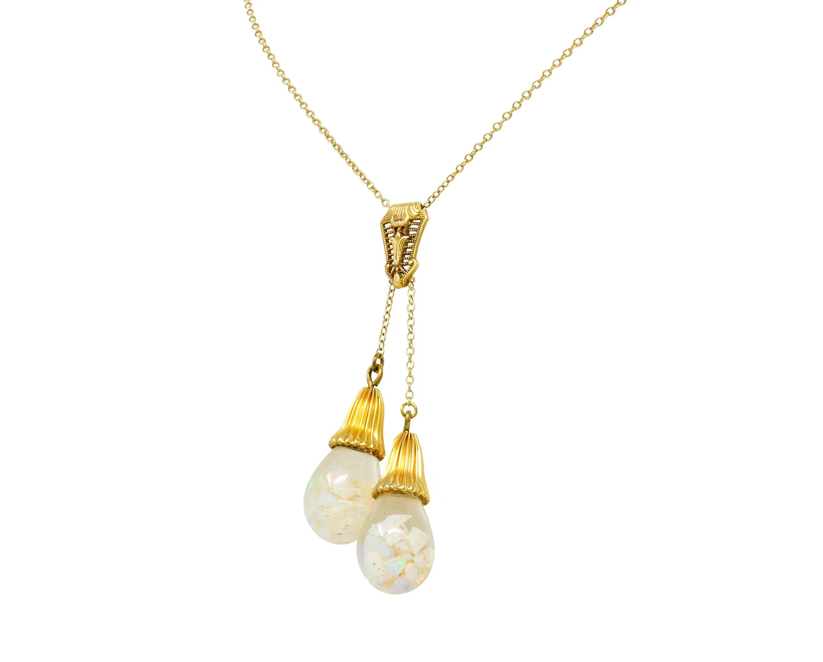 Art Deco Floating Opal 14 Karat Gold Double Drop Necklace