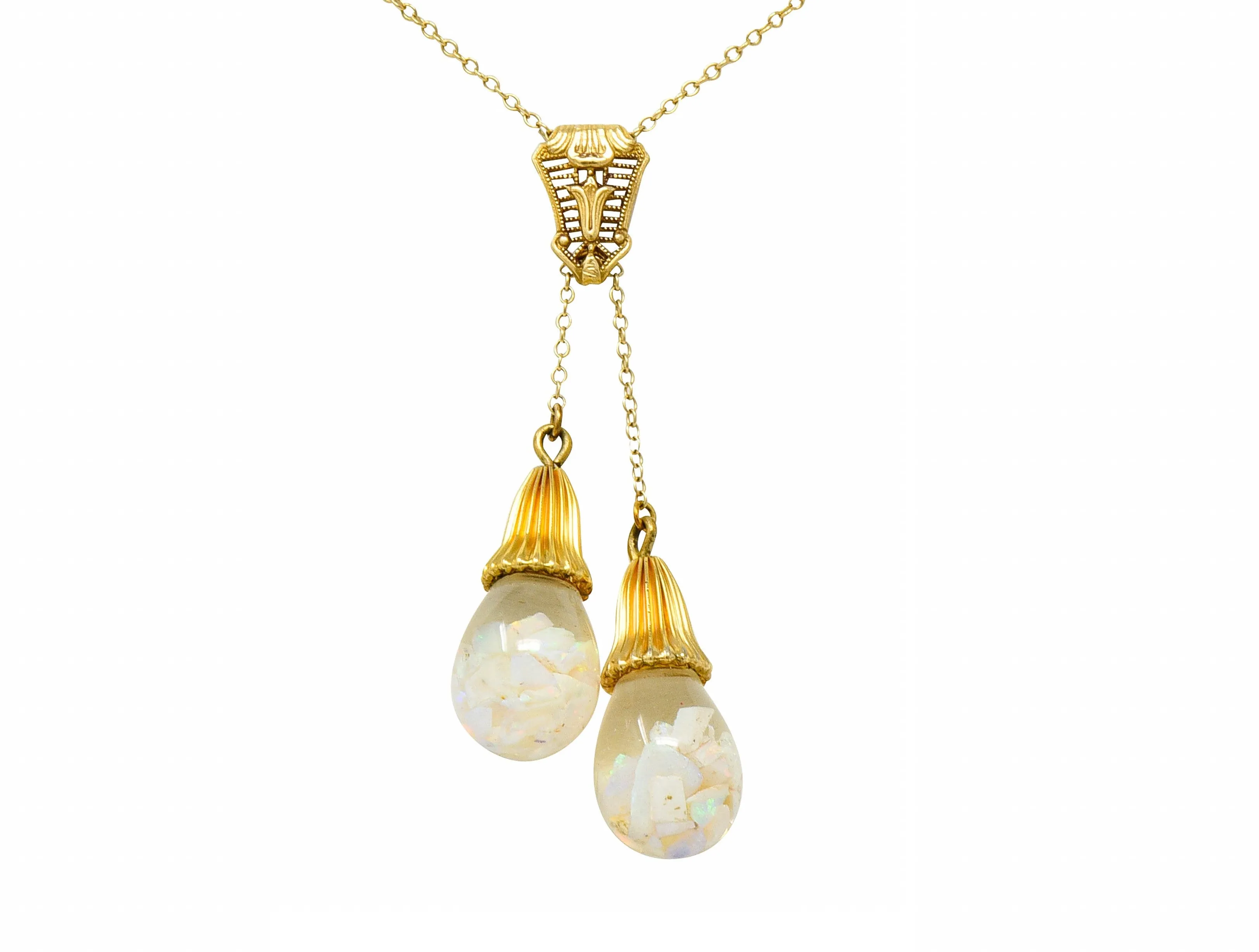 Art Deco Floating Opal 14 Karat Gold Double Drop Necklace