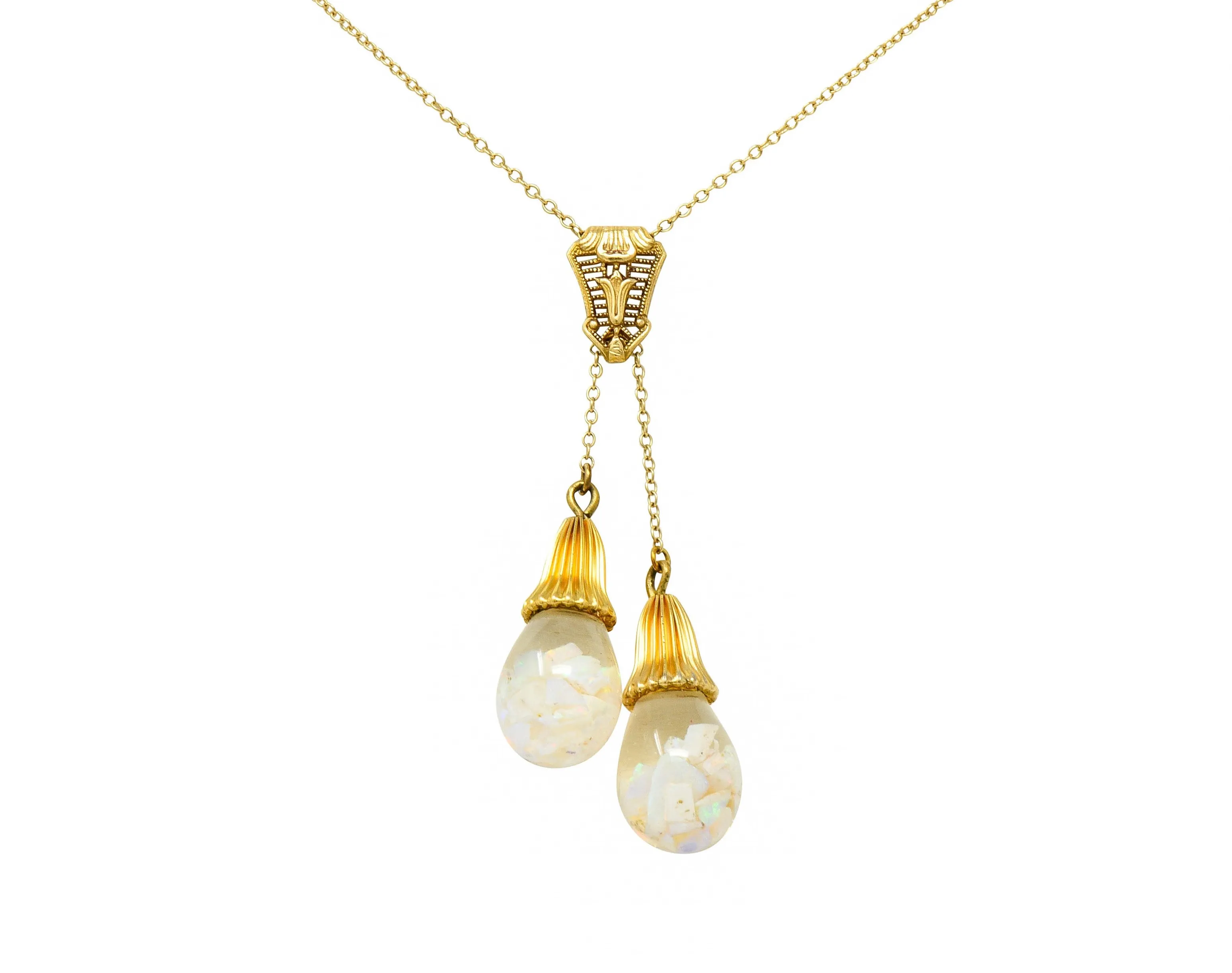 Art Deco Floating Opal 14 Karat Gold Double Drop Necklace