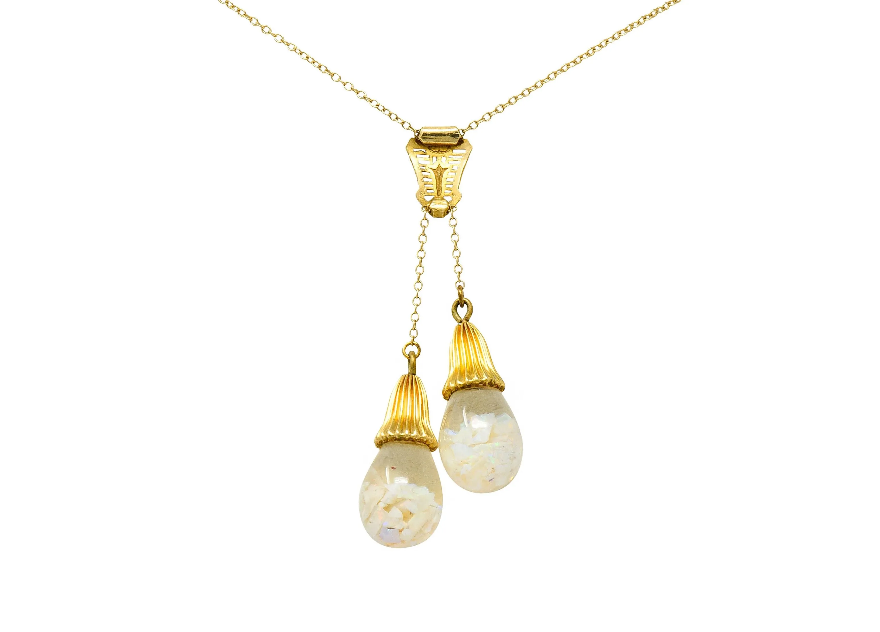 Art Deco Floating Opal 14 Karat Gold Double Drop Necklace