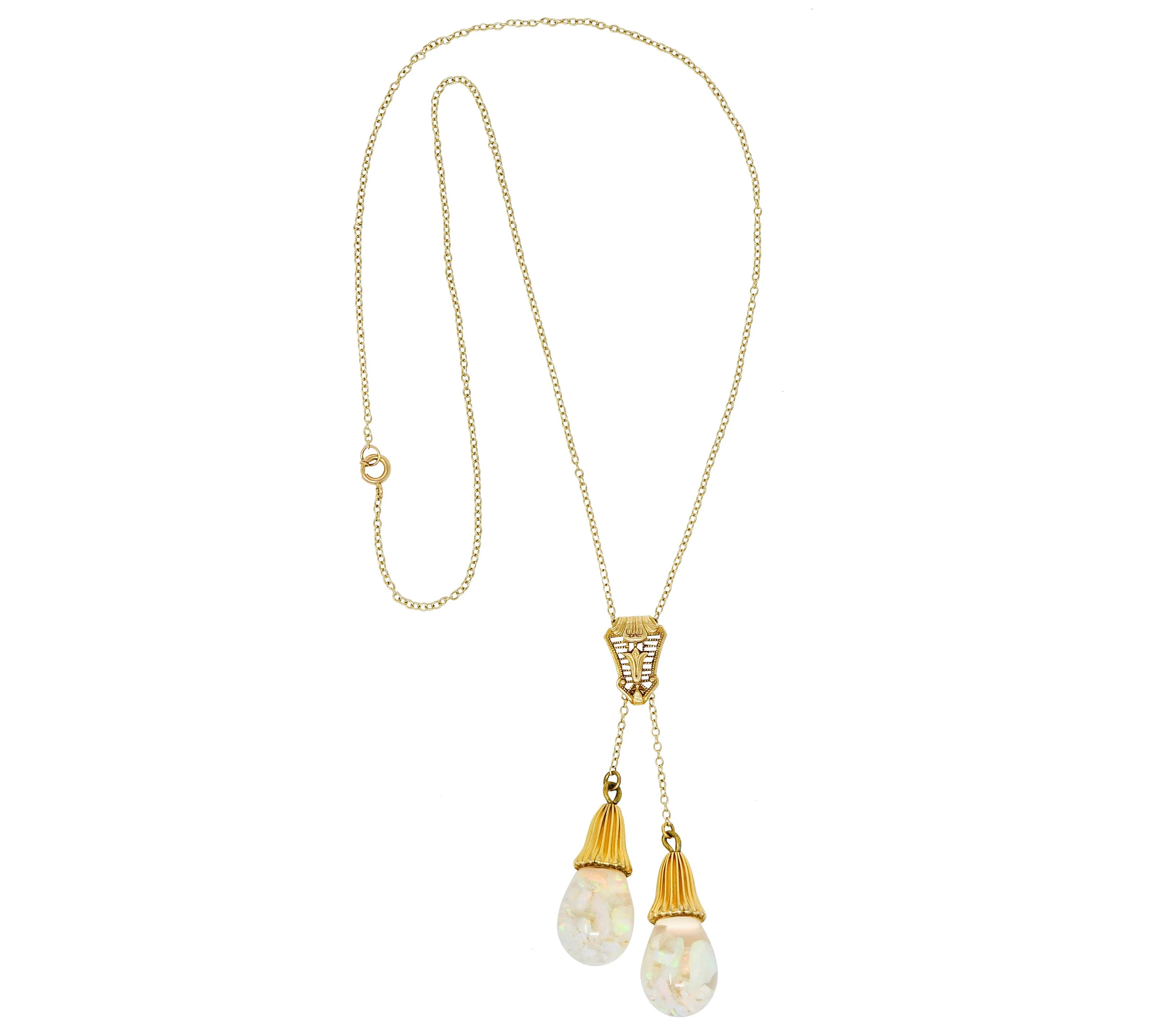 Art Deco Floating Opal 14 Karat Gold Double Drop Necklace