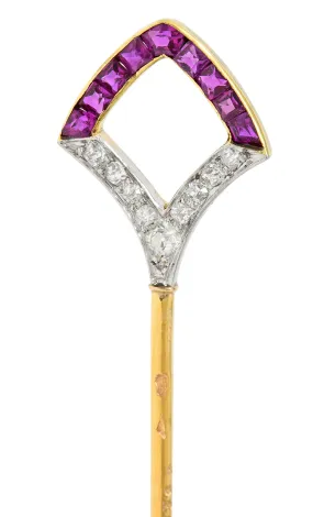 Art Deco French Ruby Diamond Platinum 18 Karat Yellow Gold Shield Stickpin