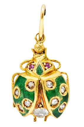 Art Nouveau Diamond Ruby Enamel 18 Karat Gold Ladybug Charm