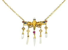 Art Nouveau Diamond Ruby Sapphire Pearl 14 Karat Gold Droplet Necklace