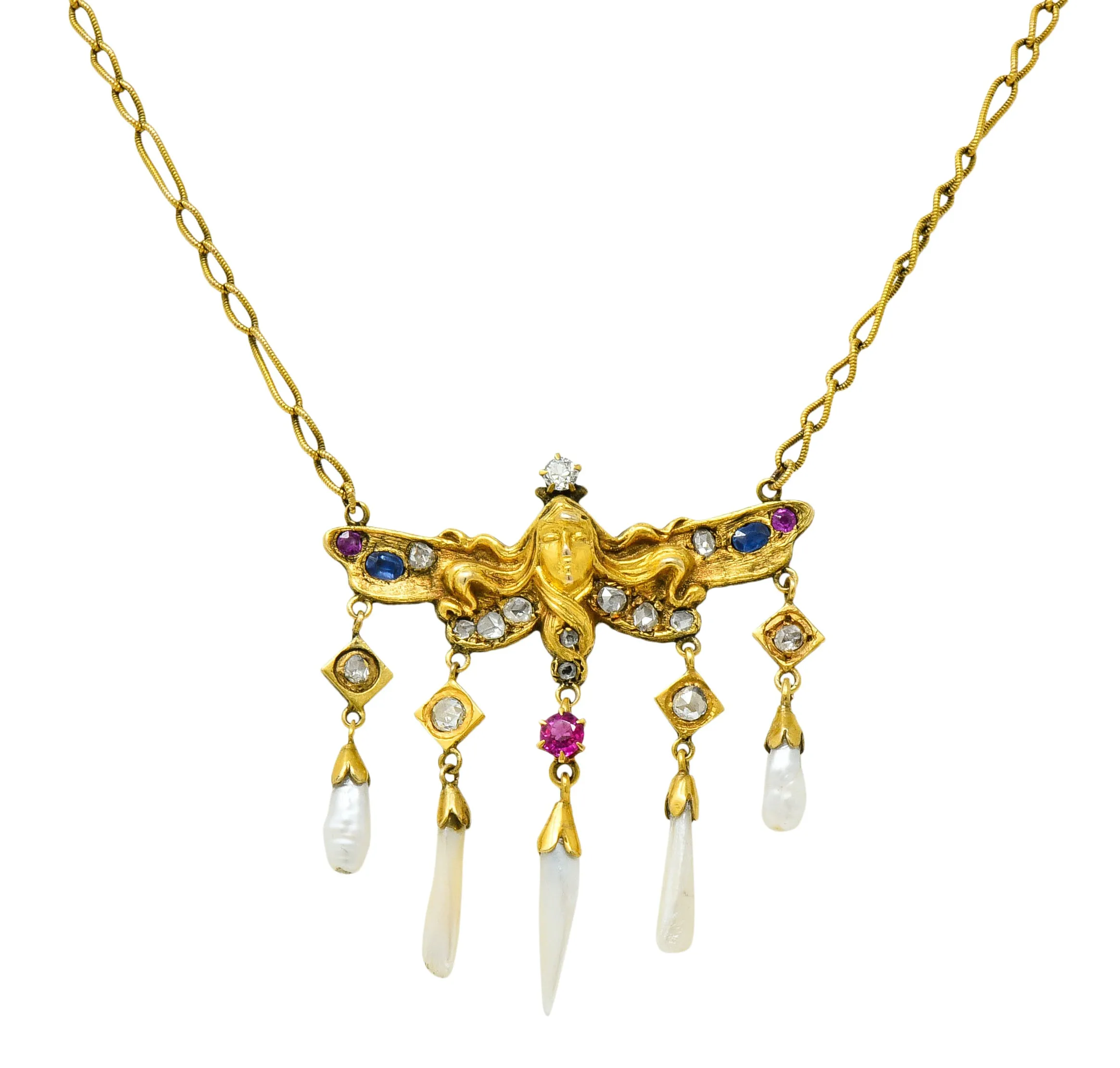 Art Nouveau Diamond Ruby Sapphire Pearl 14 Karat Gold Droplet Necklace