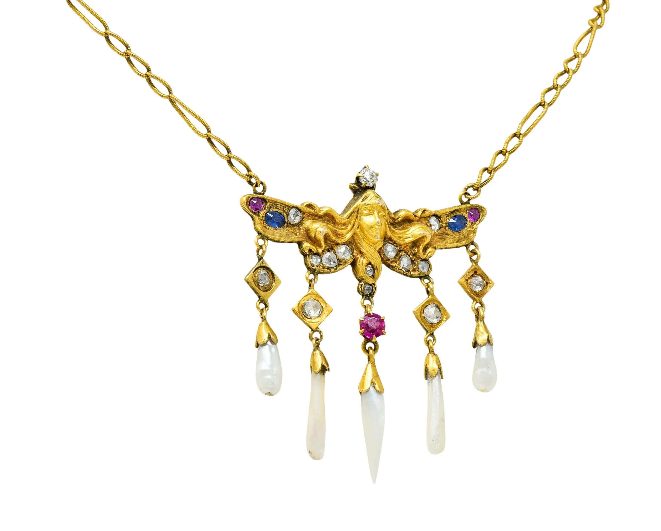 Art Nouveau Diamond Ruby Sapphire Pearl 14 Karat Gold Droplet Necklace