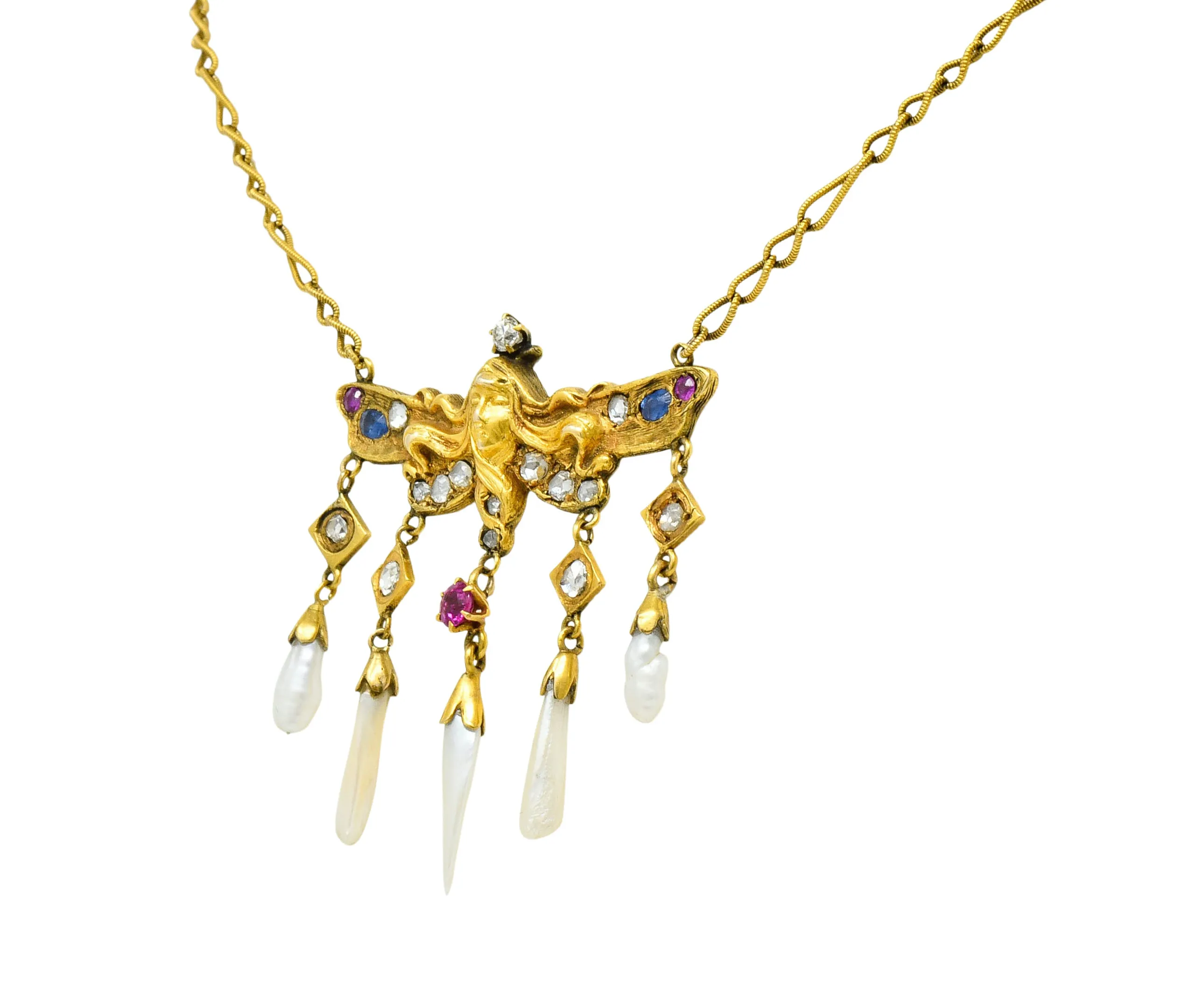 Art Nouveau Diamond Ruby Sapphire Pearl 14 Karat Gold Droplet Necklace