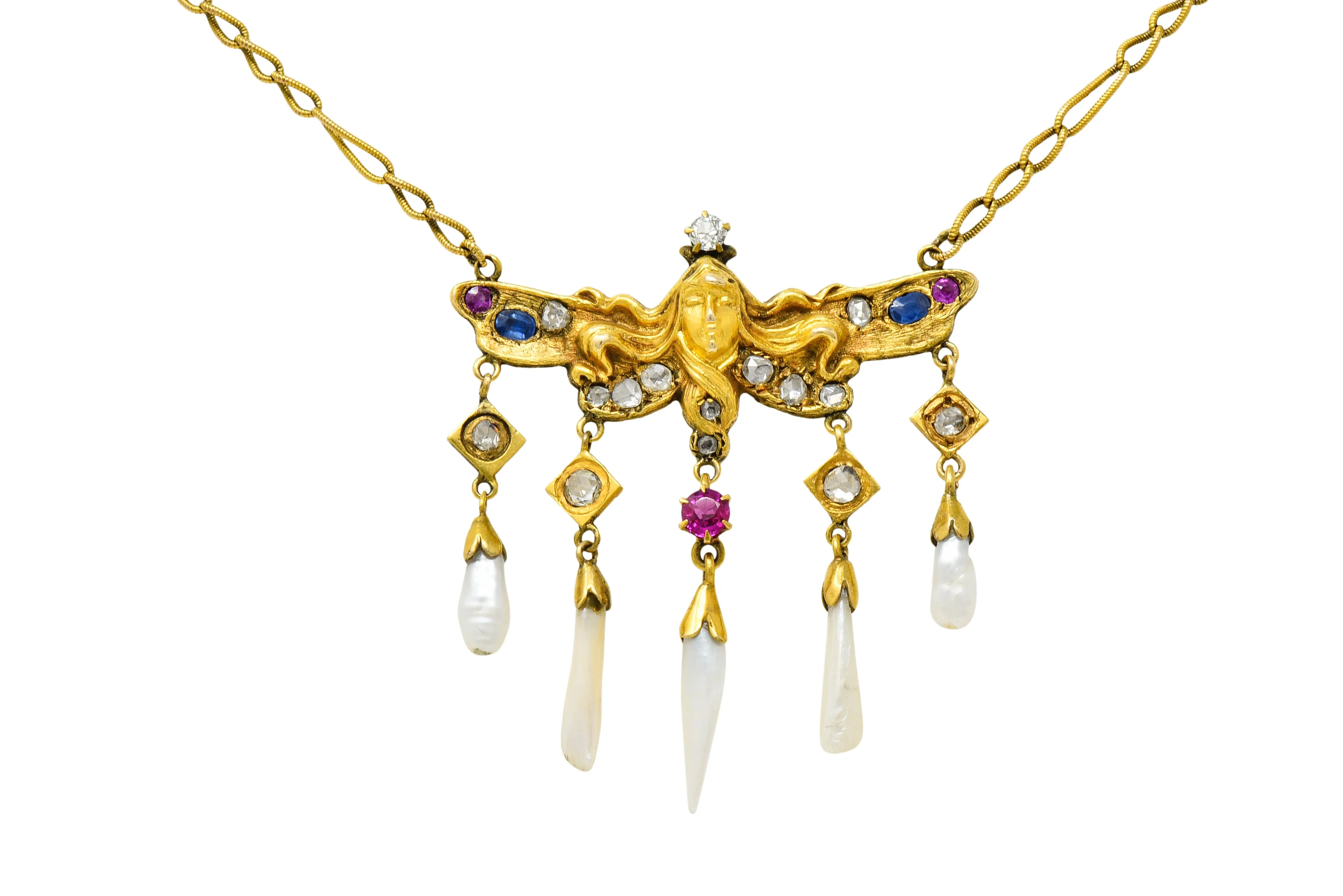 Art Nouveau Diamond Ruby Sapphire Pearl 14 Karat Gold Droplet Necklace