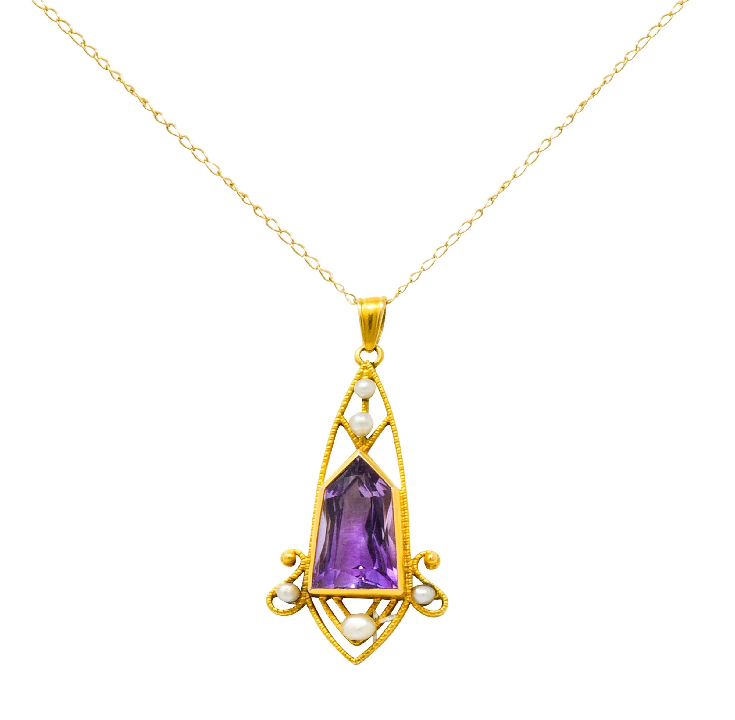 Art Nouveau Freshwater Pearl Fantasy Cut Amethyst 14 Karat Gold Pendant Necklace