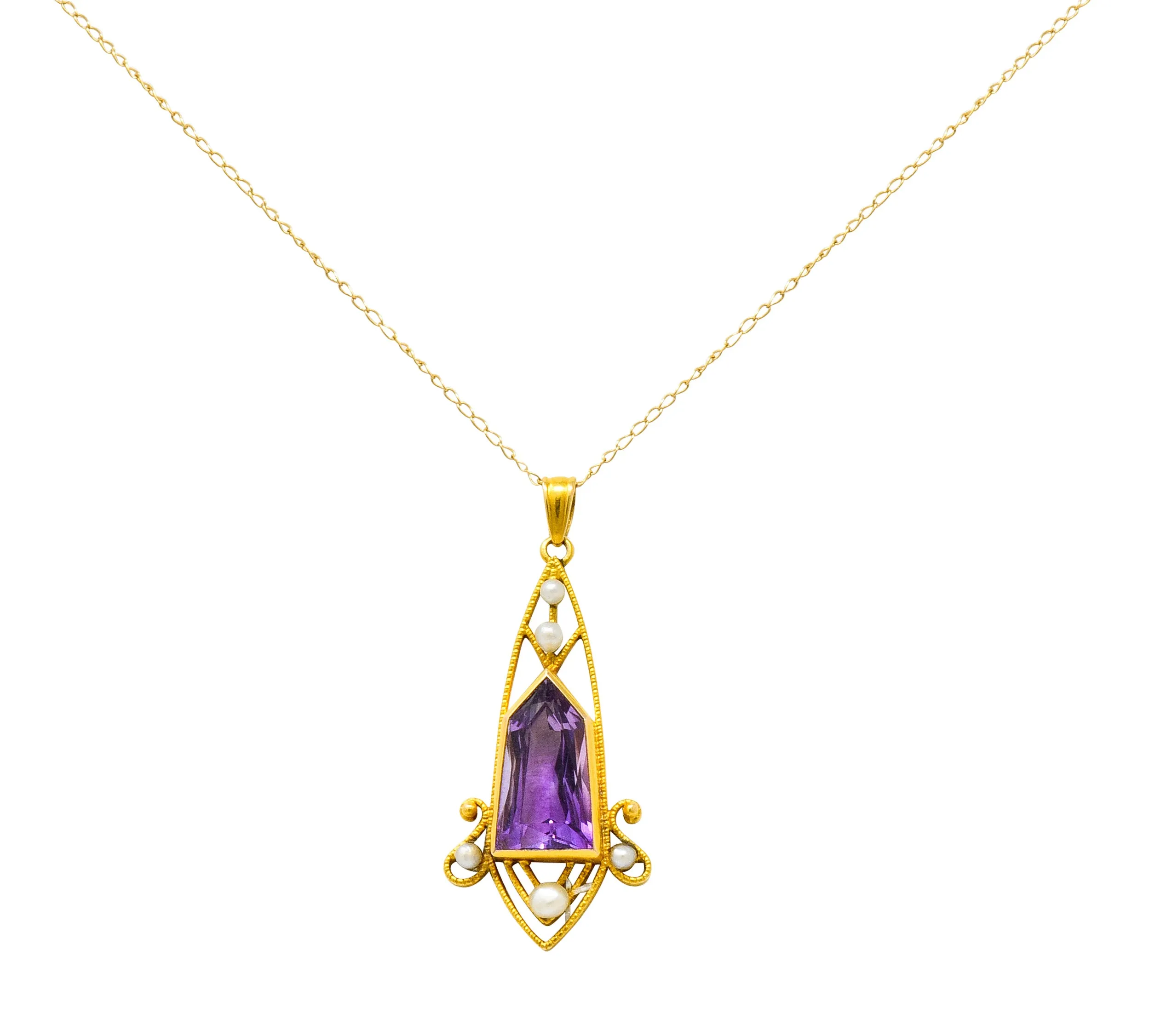 Art Nouveau Freshwater Pearl Fantasy Cut Amethyst 14 Karat Gold Pendant Necklace