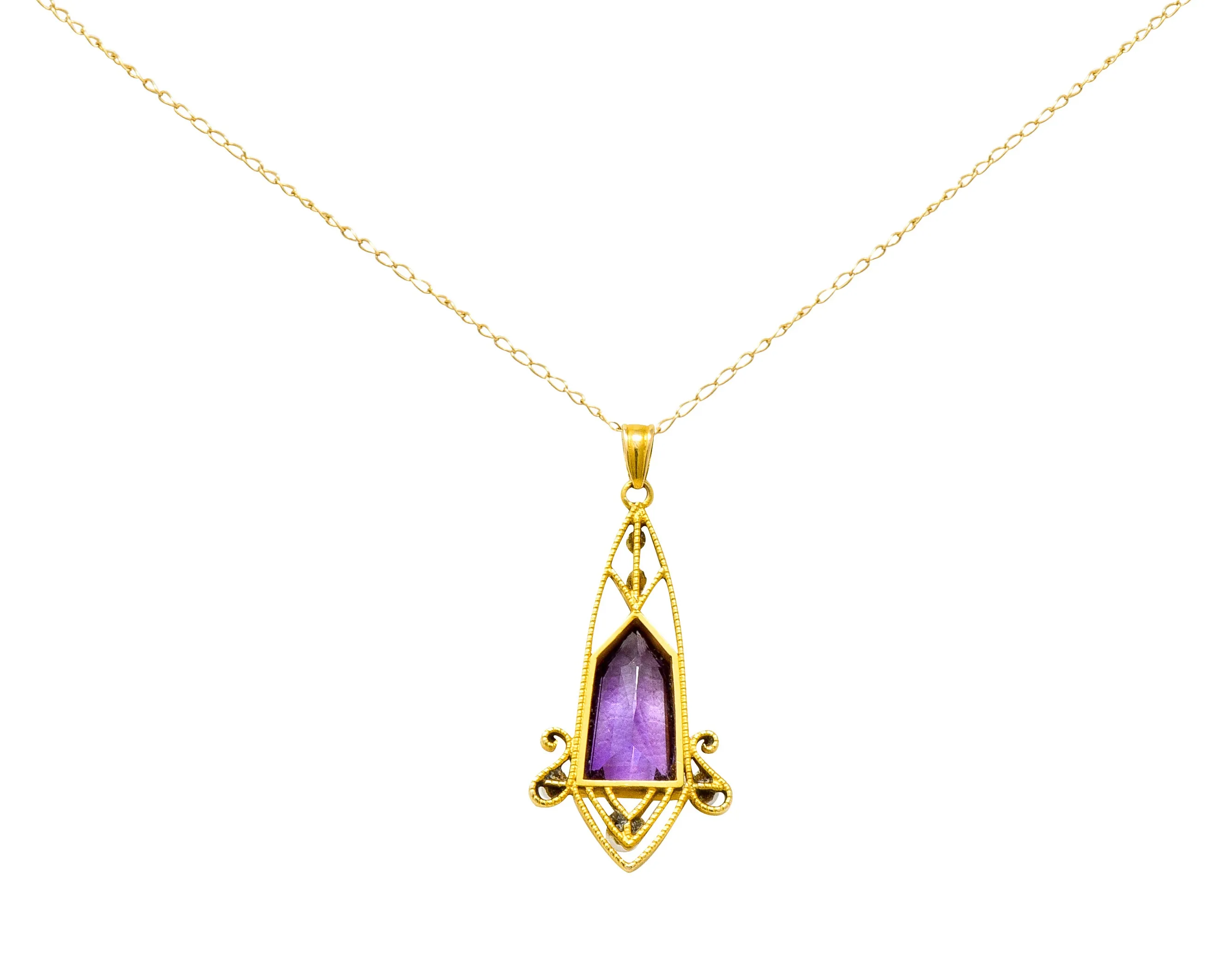 Art Nouveau Freshwater Pearl Fantasy Cut Amethyst 14 Karat Gold Pendant Necklace