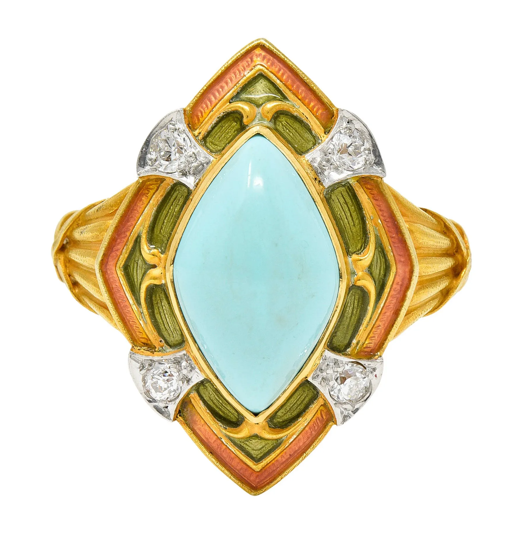 Art Nouveau Turquoise Diamond Enamel Platinum-Topped 14 Karat Gold Navette Ring