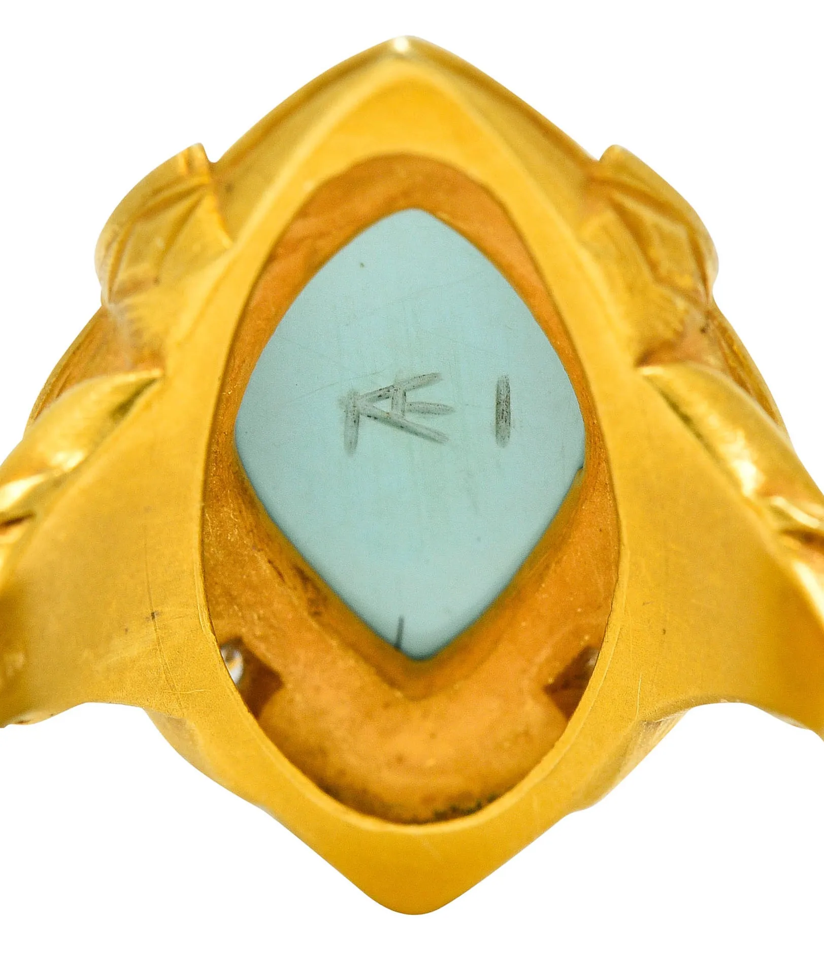 Art Nouveau Turquoise Diamond Enamel Platinum-Topped 14 Karat Gold Navette Ring