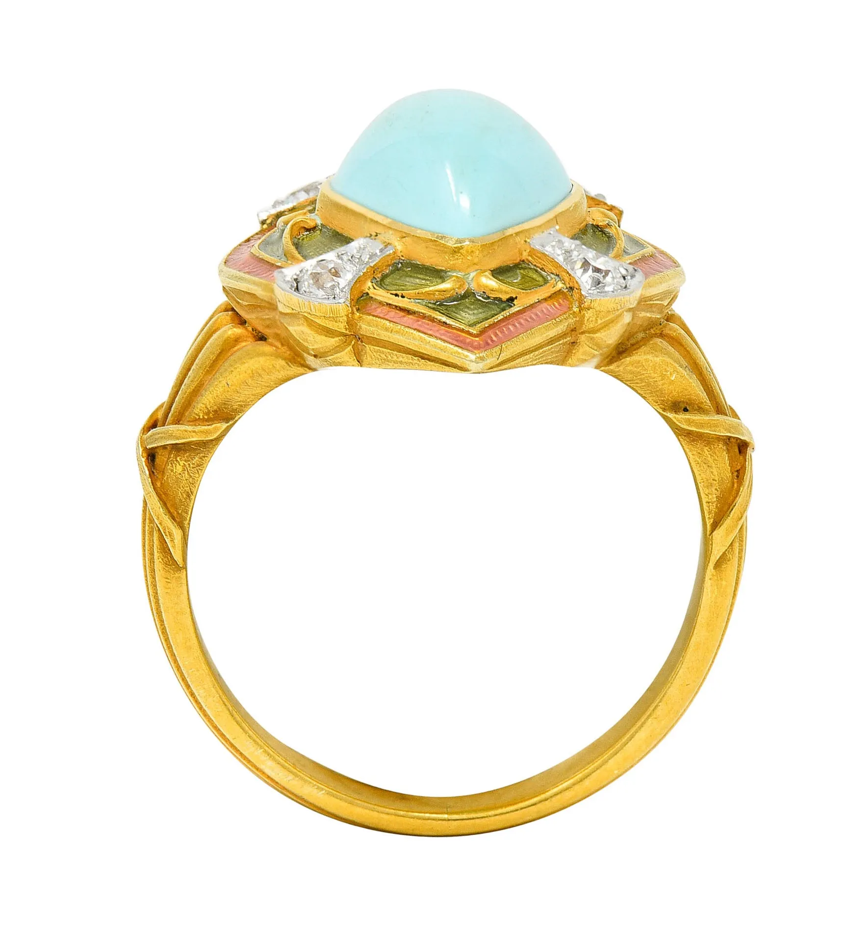 Art Nouveau Turquoise Diamond Enamel Platinum-Topped 14 Karat Gold Navette Ring