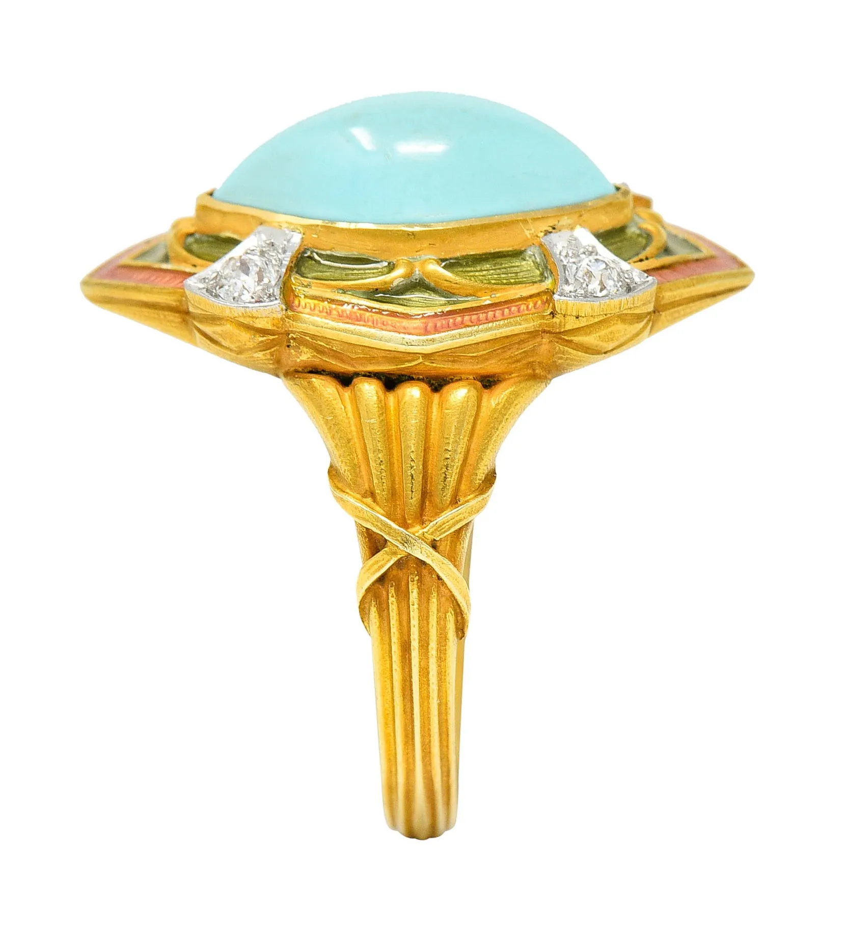 Art Nouveau Turquoise Diamond Enamel Platinum-Topped 14 Karat Gold Navette Ring